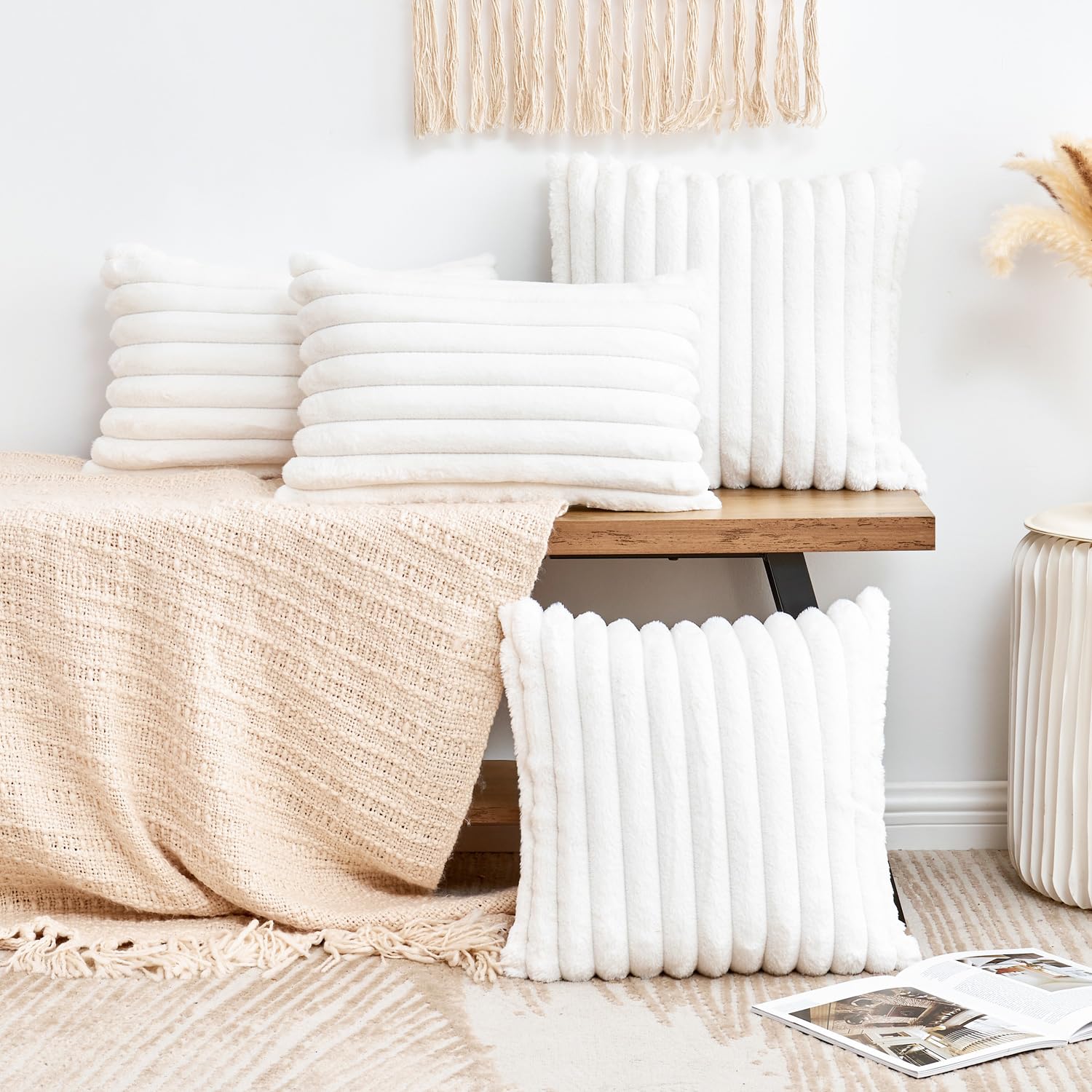 GriNeed Throw Pillow Covers Decorative Faux Fur Set of 2 18x18 Inch Pillow Covers, Soft Cream White Striped Pillowcases for Couch Sofa Bed Living Room, Fluffy Cute Home Boho Accent Fuzzy Decor