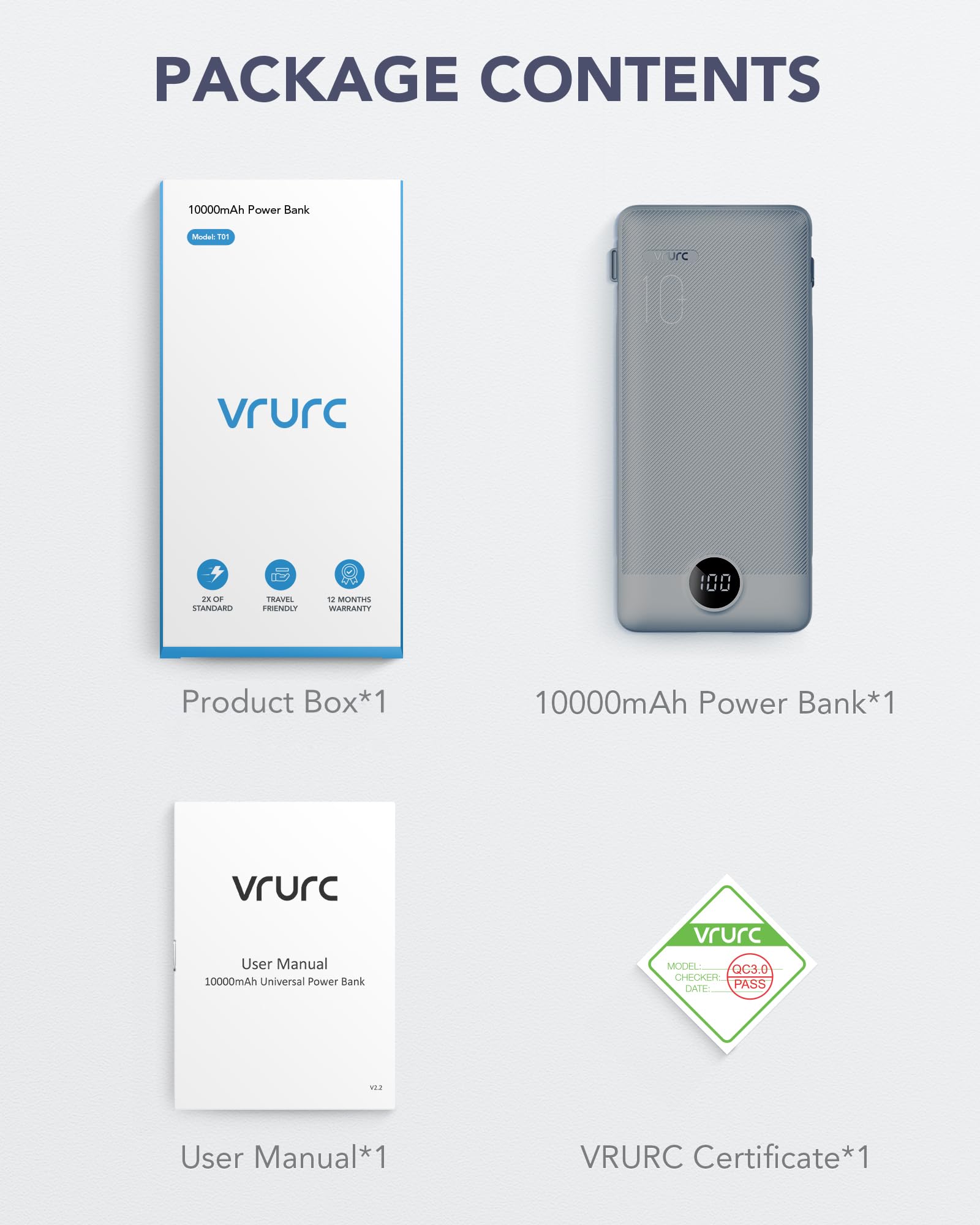 VRURC Portable Charger Built-in Cables and AC Wall Plug, USB C Power Bank 10000mAh, Travel Battery Portable Phone Charger Compact Lightweight External Battery Pack for Smart Phones, Tablets etc-Grey view 8