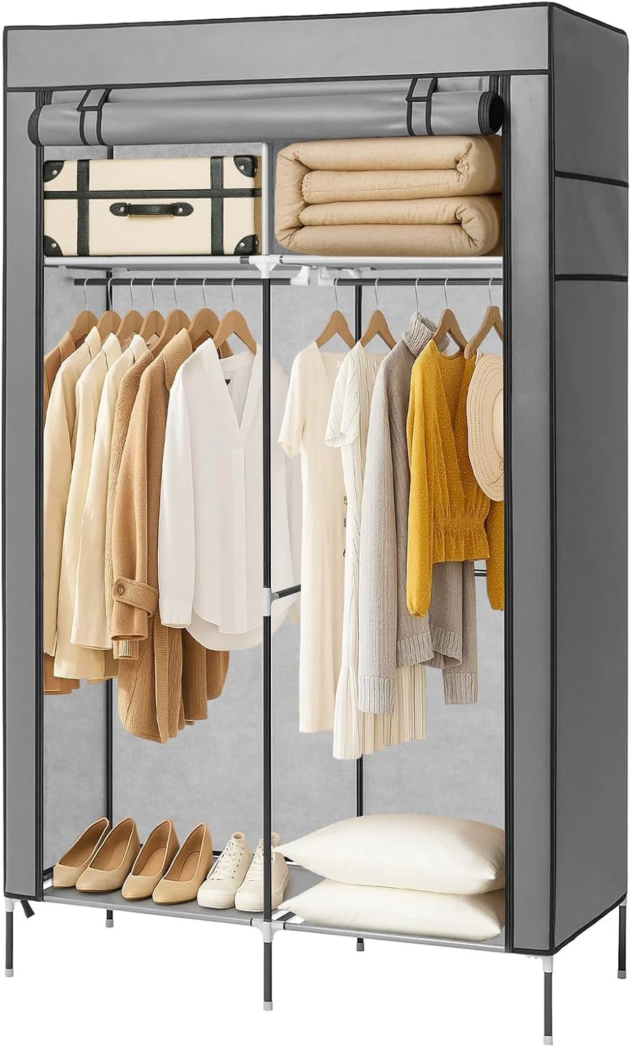 Faltbarer Stoffkleiderschrank – Textilschrank mit Metallrahmen, Kleiderstange, Ablagen & Seitentasche – Platzsparende Aufbewahrung & Garderobe für Schlafzimmer (Maus Grau)