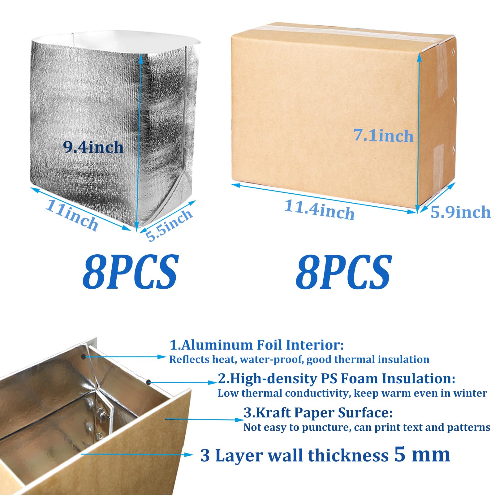 Acrux7 Isolierte Versandkartons mit Aluminiumfolien-Auskleidung, 29 x 15 x 17,8 cm, Thermokühl-Isolierbox, wiederverwendbare Kühlkartons für den Versand von Tiefkühlkost, 8 Stück