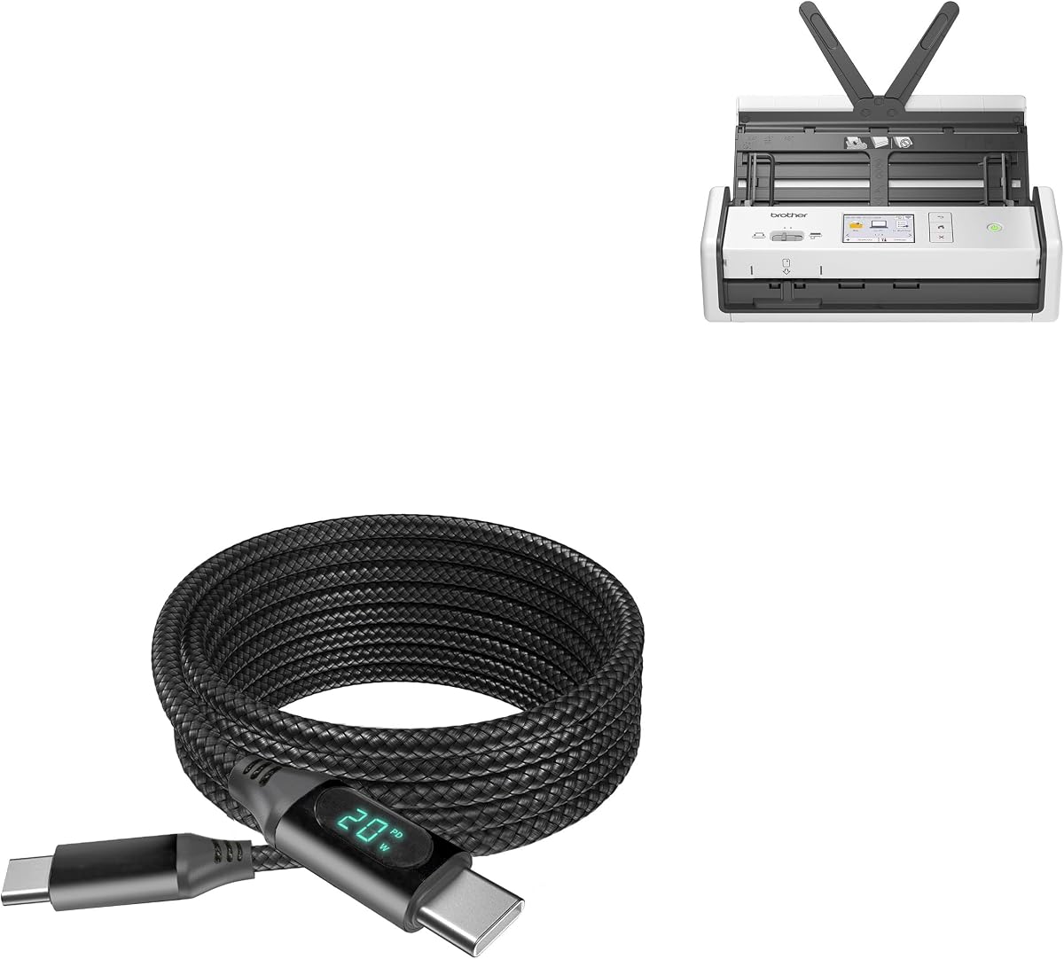 BoxWave Cable Compatible with Brother ADS-1800W Scanner - PowerDisplay PD Cable (6ft) - USB-C to USB-C (100W), LED Wattage Info Extra Long Braided Nylon - Jet Black