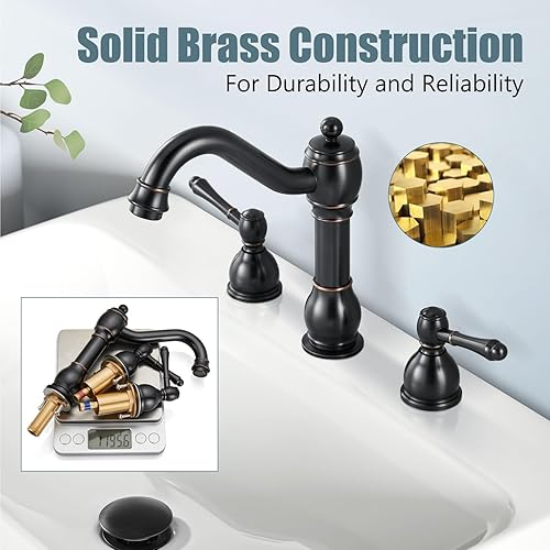 Miniatura 5 de Aolemi Grifo de fregadero de baño de bronce aceitado de 8 pulgadas, mango de doble palanca, 3 agujeros, mezclador de lavabo, montaje en cubierta con