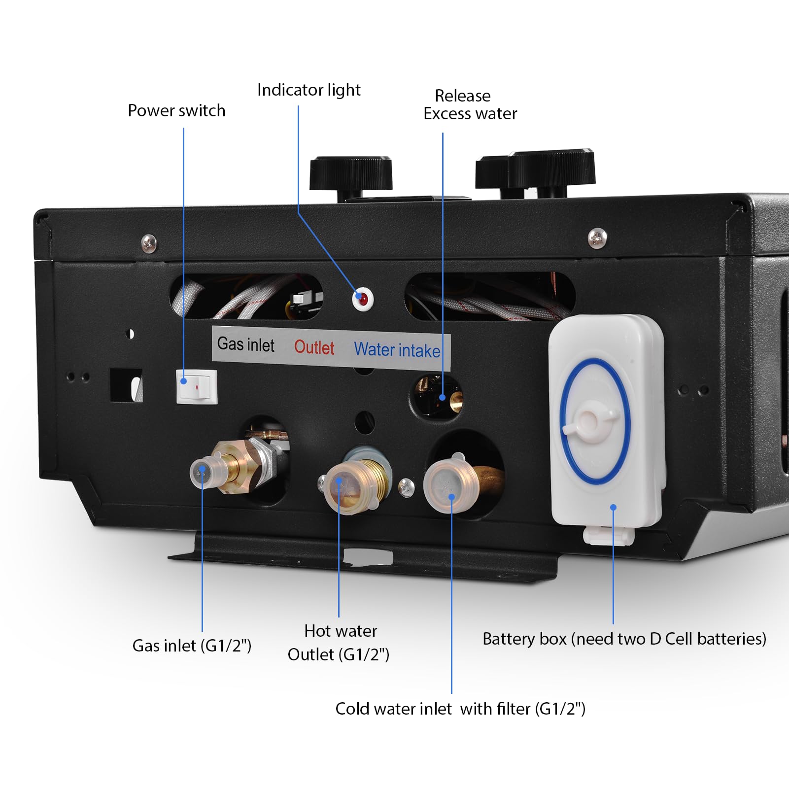 GPL 10L Scaldabagno a Gas Propano, Scaldabagno Istantaneo Senza Serbatoio da 20KW con Kit Doccia, Bruciatore per Caldaia per Campeggio, Camper, Casa (Nero)
