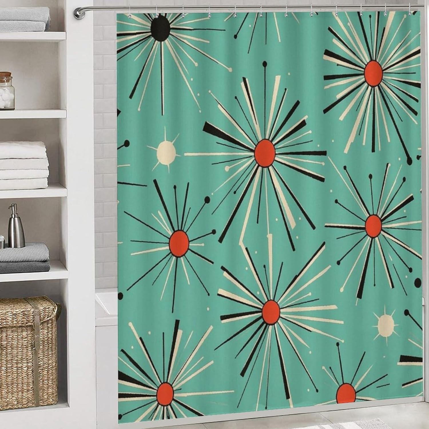 4Pcs Novelty Atomic Pattern Shower Curtain Set, Vintage Mid Century Theme Bathroom Decor Set with Rug Bathroom Accessory Bathroom Curtain Shower Set, 72" x 72"