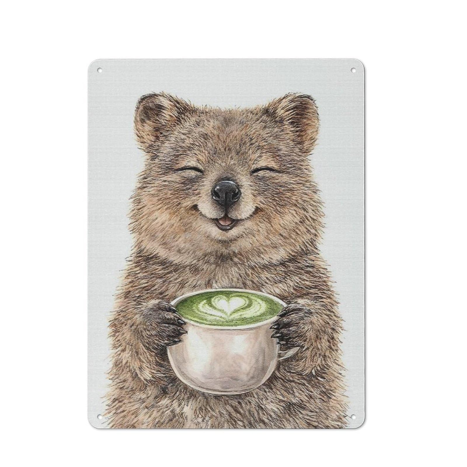 Junmoney Style-5 40X30cm Retro Tin Sign With Happy Quokka With Matcha Latte For Living Room Wall, Housewarming Present For People Styling Living Room