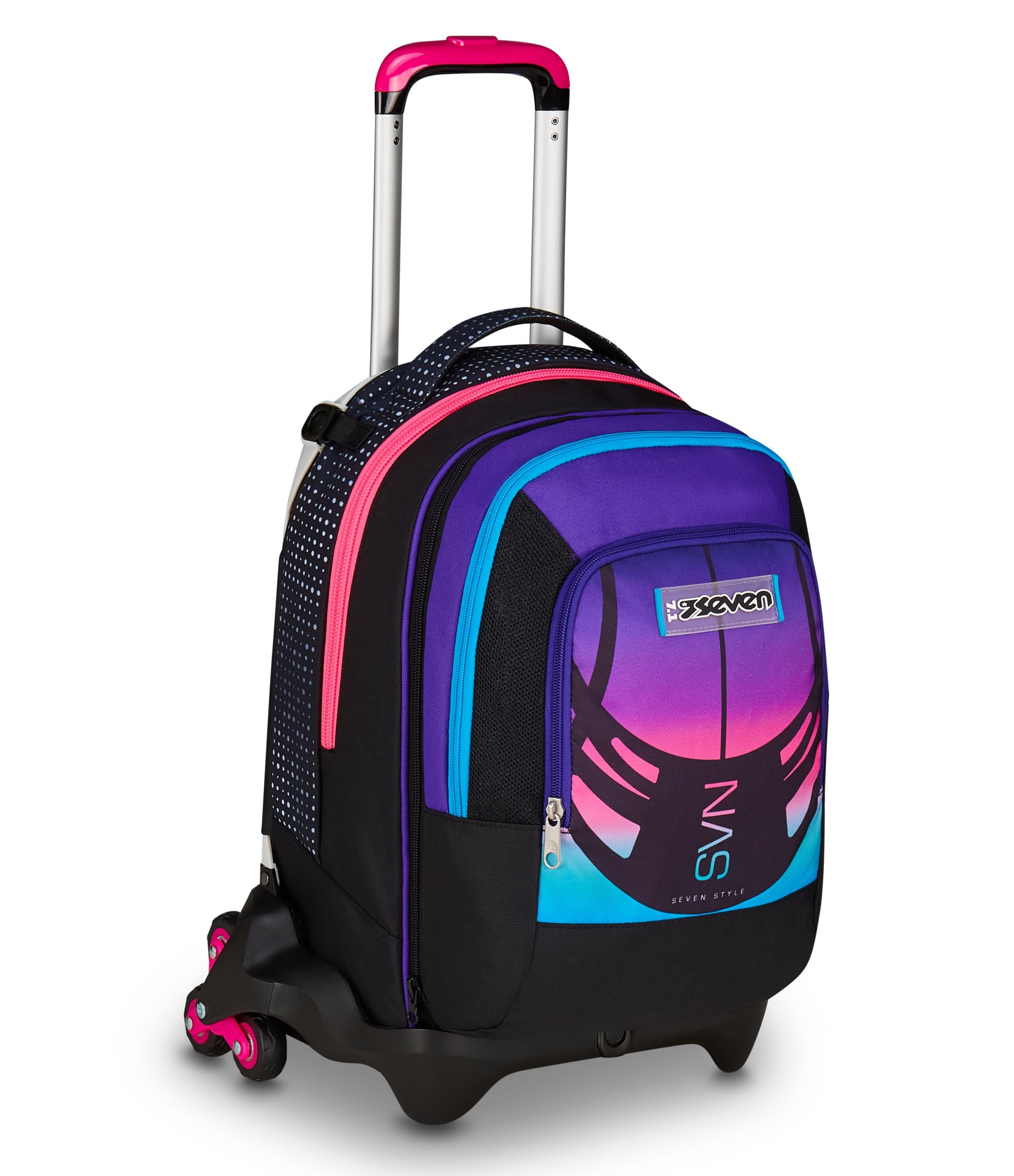 Seven Trolley Scuola Jack 3 Ruote Detach Nuanced, Fucsia Azzurro, Zaino Con Carrello Sganciabile Da 37 Litri, Tasca Borraccia, Zainetto Staccabile, Multiuso e Spazioso, Per Scuola Elementare e Media,