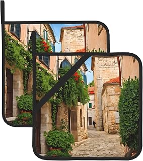 Italy Tuscan Print Pot Holder Set of 2, Kitchen Heat Resistant Pot Holders Sets Oven Hot Pads Non Slip Potholders for Cooking Baking (8 * 8 in)