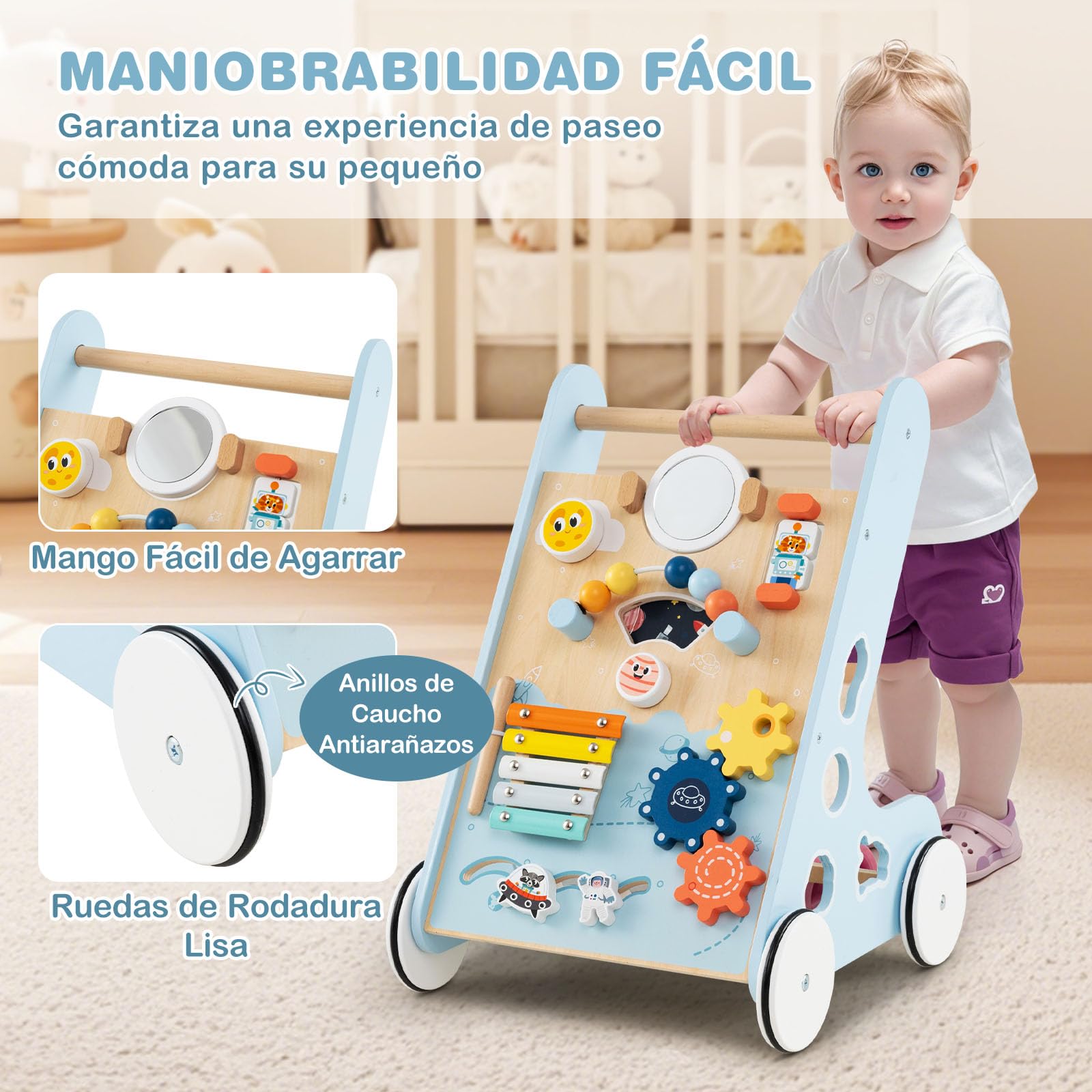 COSTWAY Andador Bebés de Madera 8 en 1, Caminador de Madera Bebé, Centro de Actividades de Aprendizaje de Empujar, Juguete Montessori con Ruedas, Carrito Correpasillos para Niños de 1+ Años (Azul)