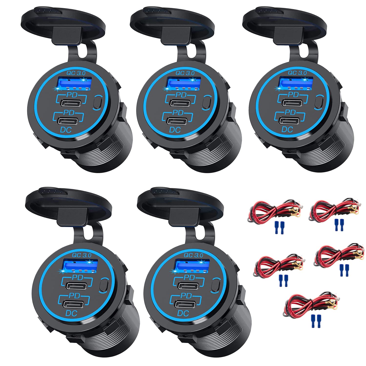[5 Pack] 12V USB C Outlet, Two USB-C PD 20W Power Socket and 18W QC3.0 Socket Waterproof Power Outlet 12V/24V with Power Switch for Car Golf Cart Boat Marine Bus Truck RV Marine Motorcycle etc.