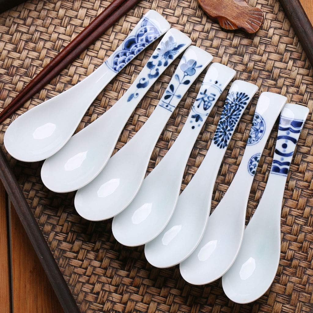 Tablespoons Ceramic Soup Spoon Japanese Style Extended Noodle Soup Spoon Tableware Porcelain Soup Spoon 6.7 Inches Long Serving Spoon (B)