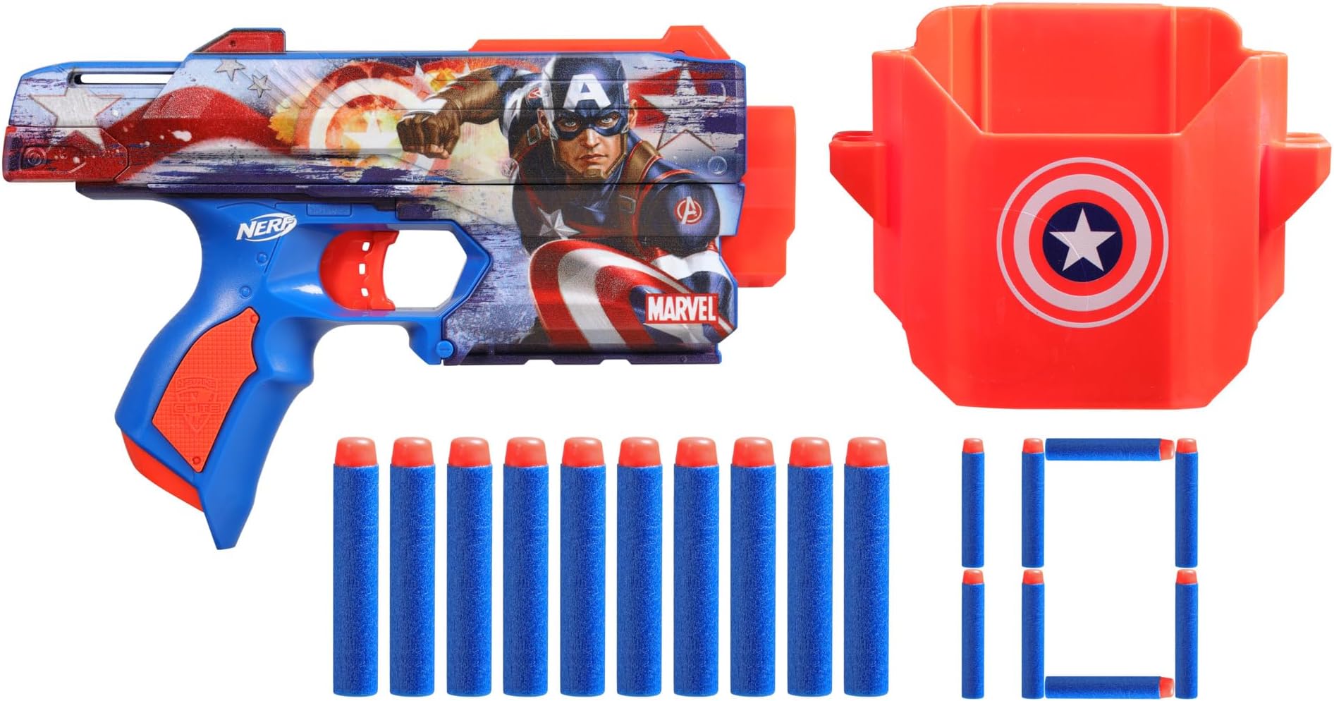 Marvel Captain America Dart Blaster, 10 Nerf Elite Darts, Holster, Toy Foam Blasters for 8 Year Old Boys & Girls & Up