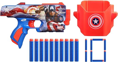 NERF Marvel Captain America Dart Blaster, 10 dardos de élite, funda, lanzadores de espuma de juguete para niños y niñas de 8 años y más