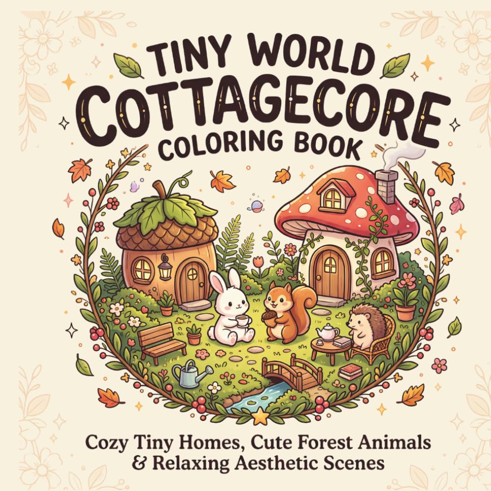 Tiny World Cottagecore Coloring Book: Cozy Tiny Homes, Cute Forest Animals & Relaxing Whimsical Scenes for Teens and Young Adults