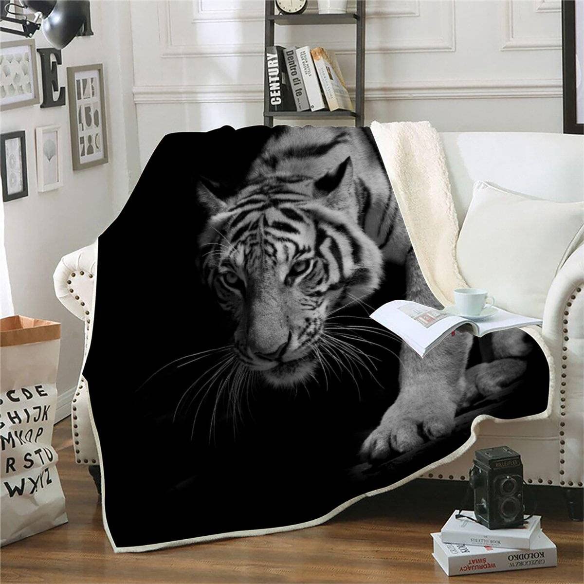 ALABOW 3D Tiger Throw Blanket Adults 150x200 cm Soft Warm Cozy Microfiber Sherpa Blanket Sofa Animal Tiger Lightweight Winter Travel Blanket Machine Washable Bedspread for Bed and Couch