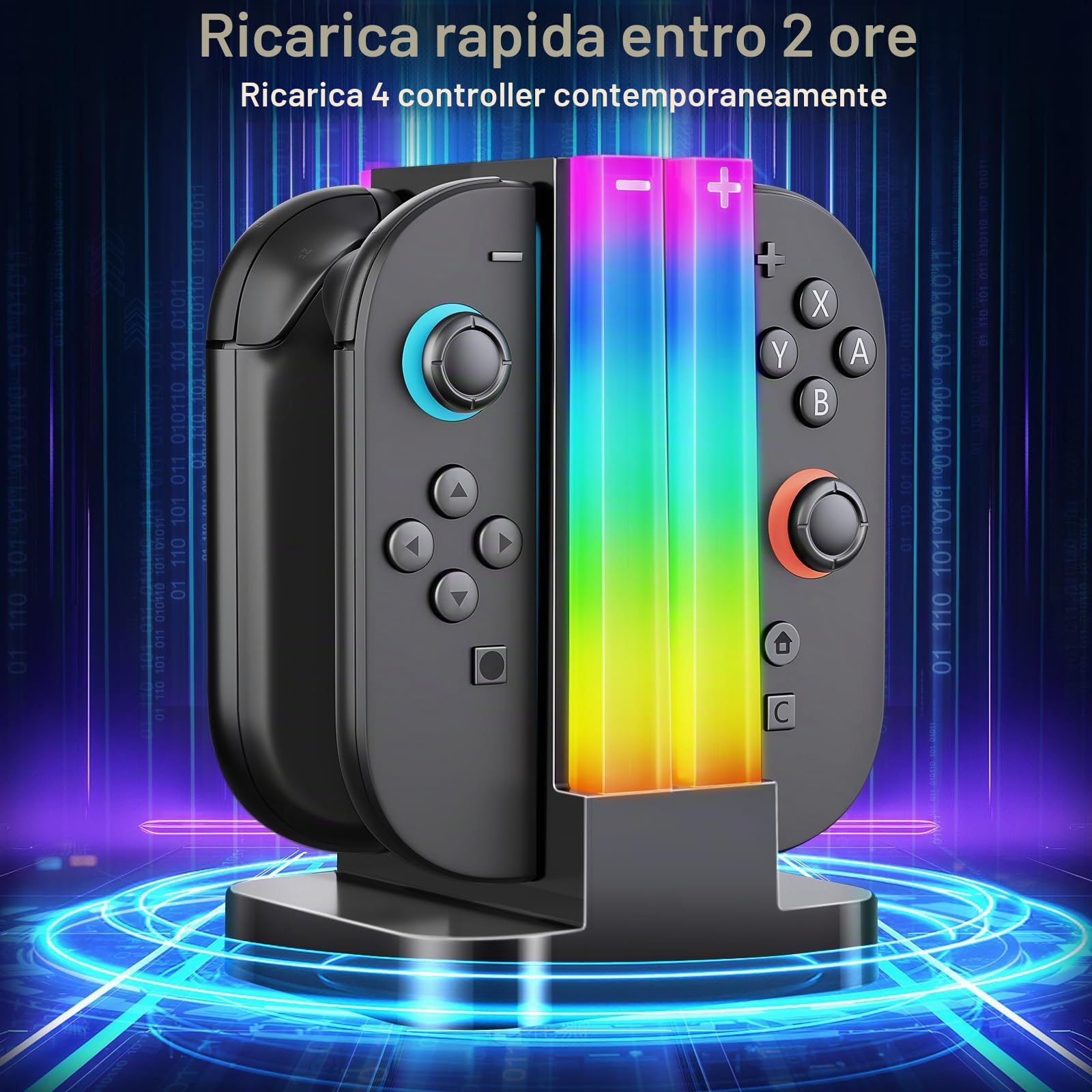Stazione di ricarica per Switch 2 Joy cons, Caricatore di Joycon Compatibile con Nintendo Switch 2 Controller con 6 Modalità di Luce RGB e Funzione Timer