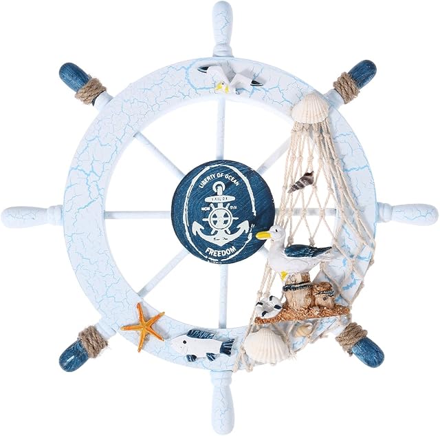 Healifty Wooden Wheel Nautical Boat Ship Wheel Fishing Net Shell Home Wall Party Decor
