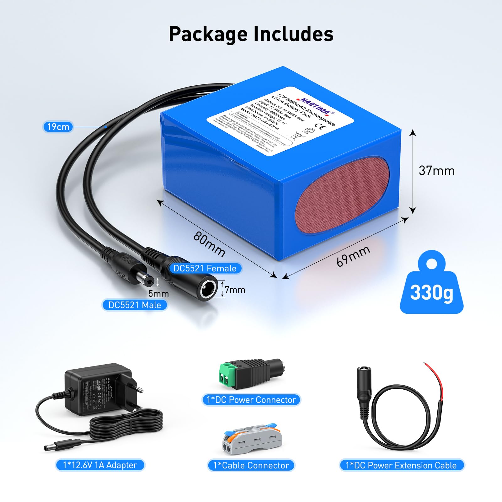 NASTIMA 6400mAh 71,04Wh 12V Wiederaufladbarer Lithium-Ionen-Akku, Geeignet für Kamera, Camcorder, MP3-Player, Elektronische Keyboard, CCTV-Kamera, Router, usw. Inklusive Ladegerät und Steckverbinder