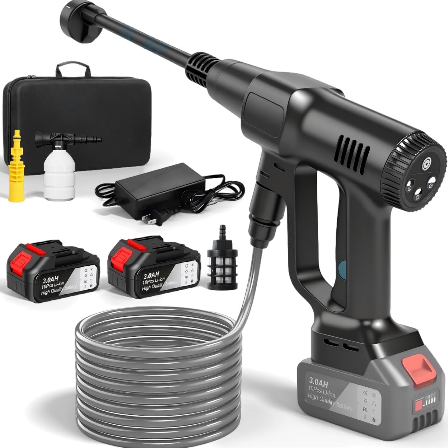 Idropulitrice a Batteria, 21V Max 200 Bar Idropulitrice Portatile con Batterià da 3,0Ah, Press & Clean Pistola Lavaggio con Display LCD di Potenza e 3 Velocità (Nero con 2 Batteria)