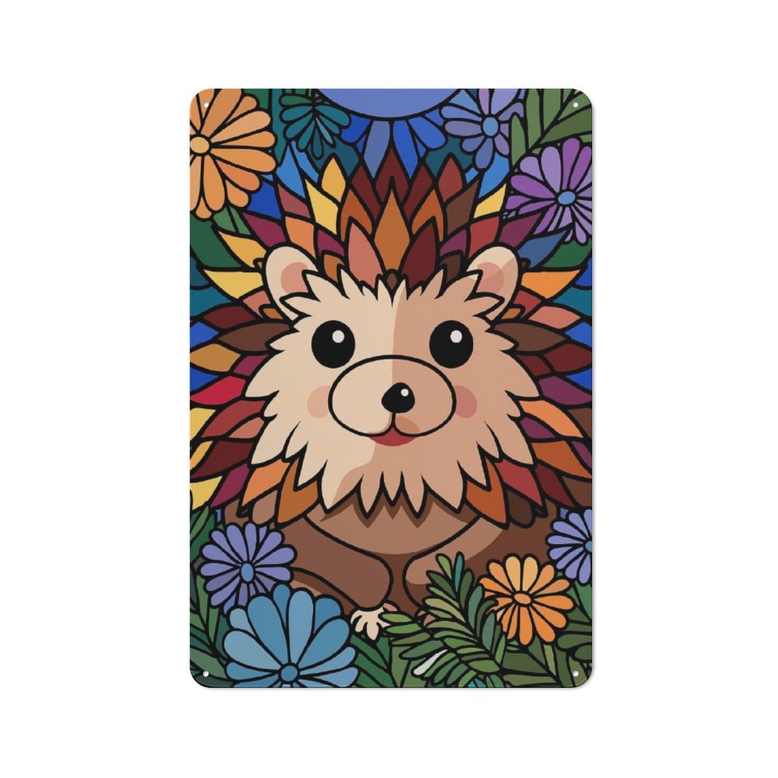 Metal Gift Sign with Cute Hedgehog Surrounded by Flowers Design 30x20cm, Character Room Wall Plaque for Flat, Dorm Room, Lounge Or Cafe