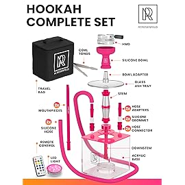 Pink Hookah Set with Everything - Hookah Set 2 Hose - YADO Square Shisha To Go with Hooka Charcoal Holder and Big Silicone Pink Bowl and Bag for Shisha Hooka Set