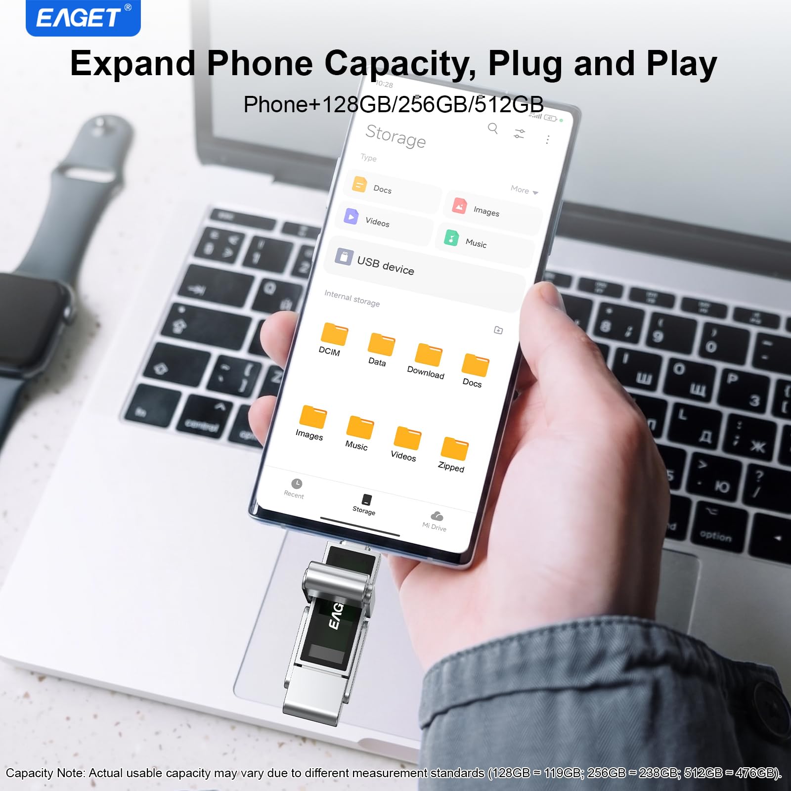 Eaget Chiavetta USB 3.2 a doppia porta da 512 GB (USB-C + USB-A) – 560 MB/s ad alta velocità Solid State Thumb Drive per iPhone 15/16/17 Pro, Android, Mac, PC, PS5 – SSD portatile in metallo