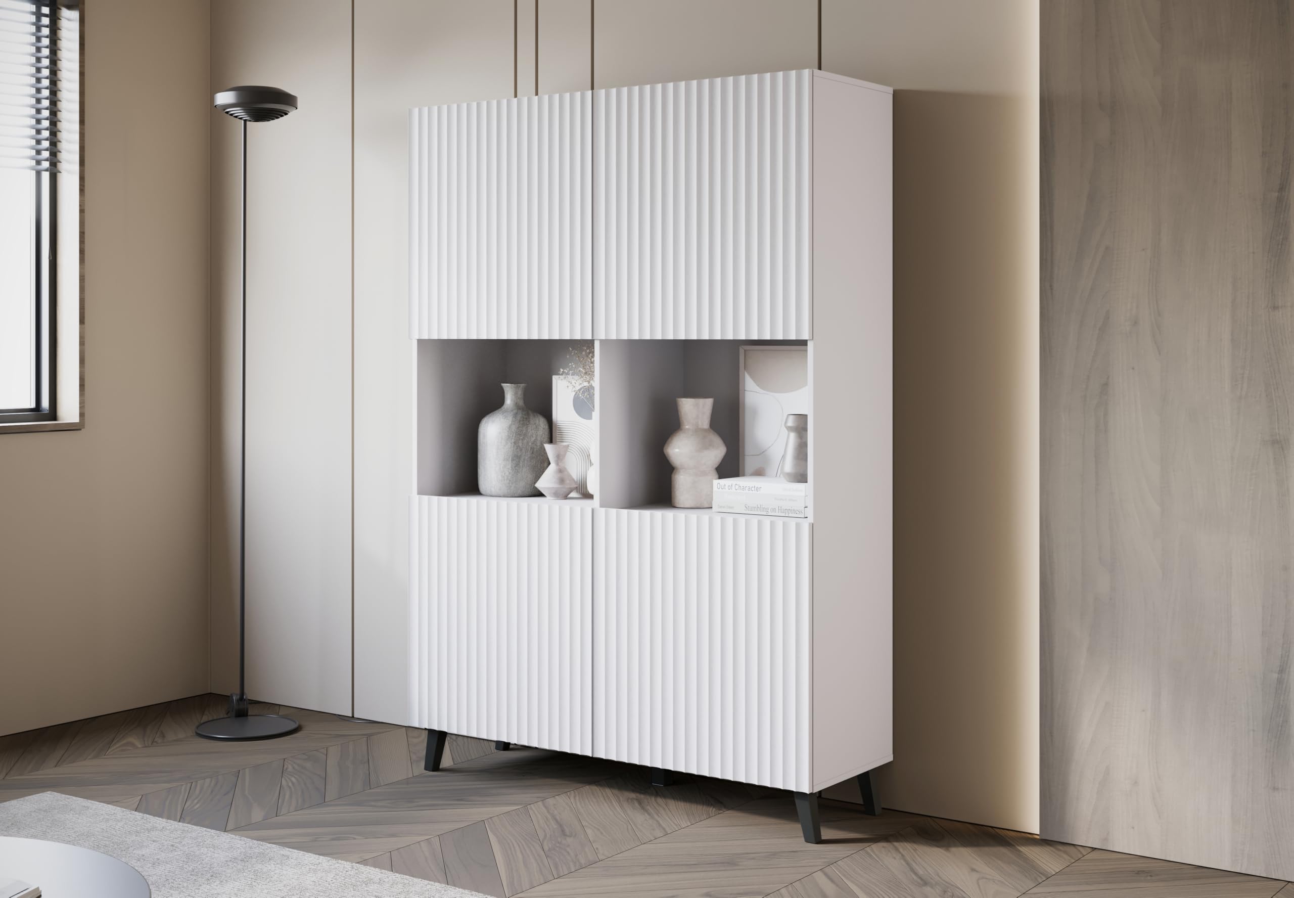 Highboard 120cm Modern 4 Türen Sideboard für Wohnzimmer Weiß Kommode mit Cet Loket Stilvolle Wohnzimmermöbel