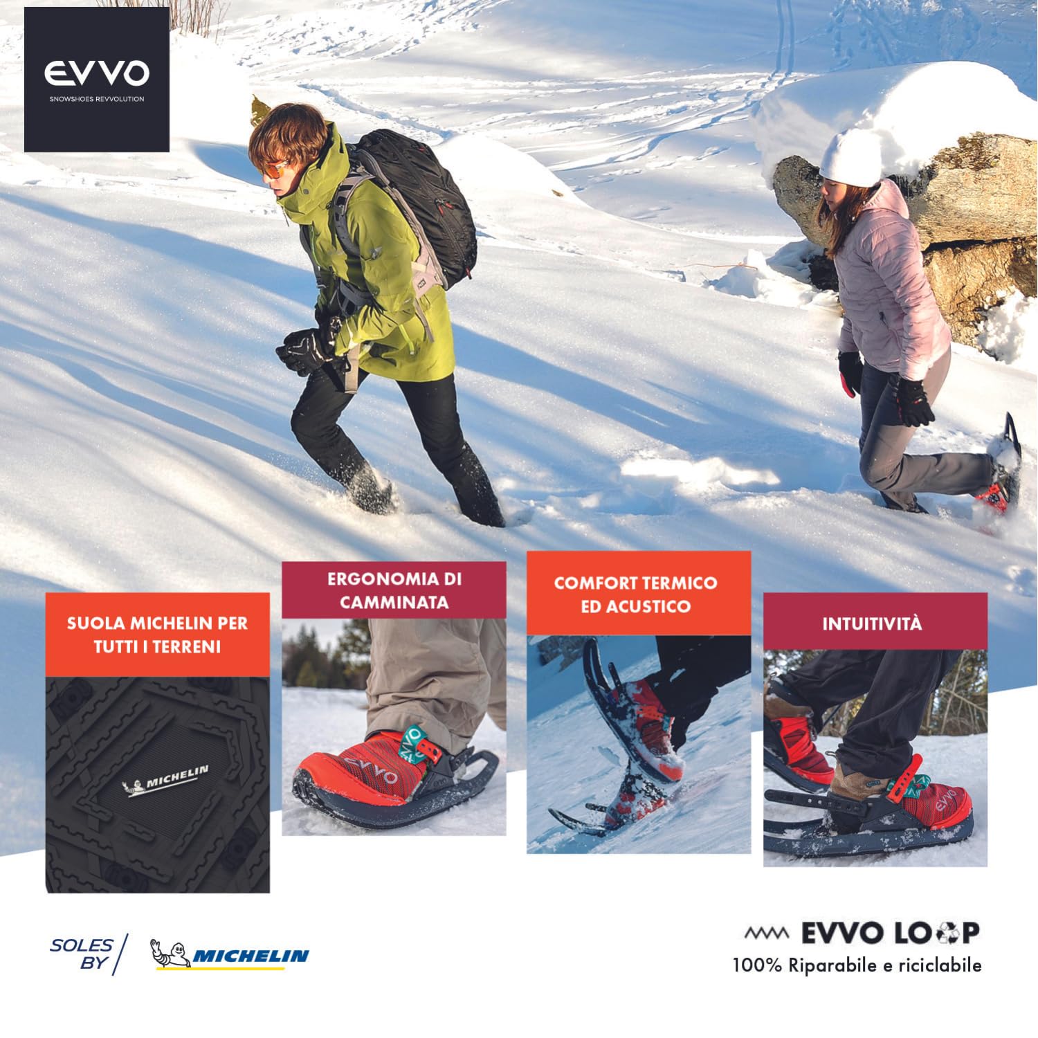 EVVO - Originale - Racchette da neve Made in France con solette con chiodi Michelin®, attacchi regolabili, per uomo e donna con borsa di trasporto inclusa, per tutti i terreni, escursioni, snowboard