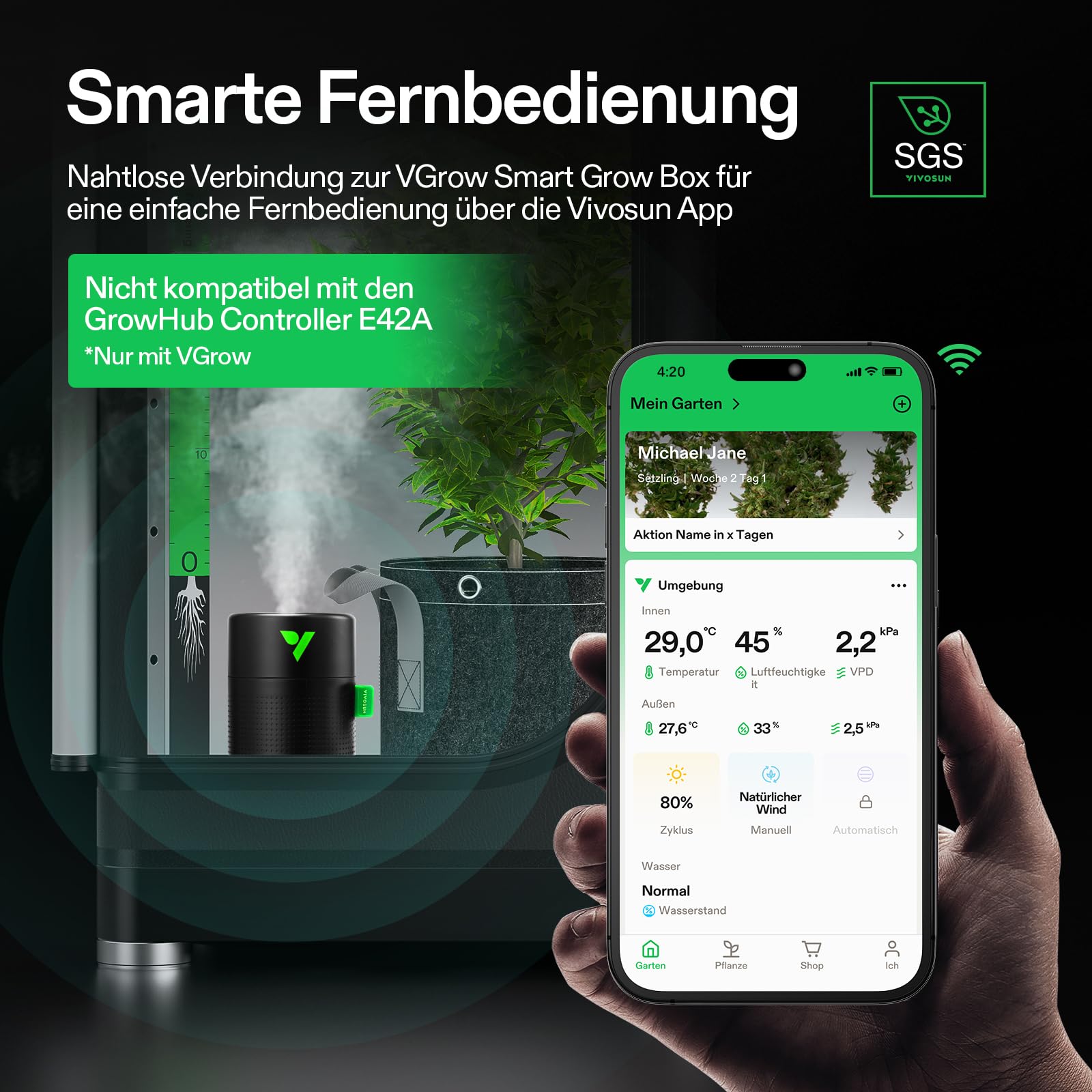 VIVOSUN AeroStream U075 USB-Luftbefeuchter, 750ml Kaltnebel Mini-Luftbefeuchter mit 2 Nebel-Modi, Automatische Abschaltung, Smarte Fernbedienung mit VGrow, Entwickelt für Growzelte