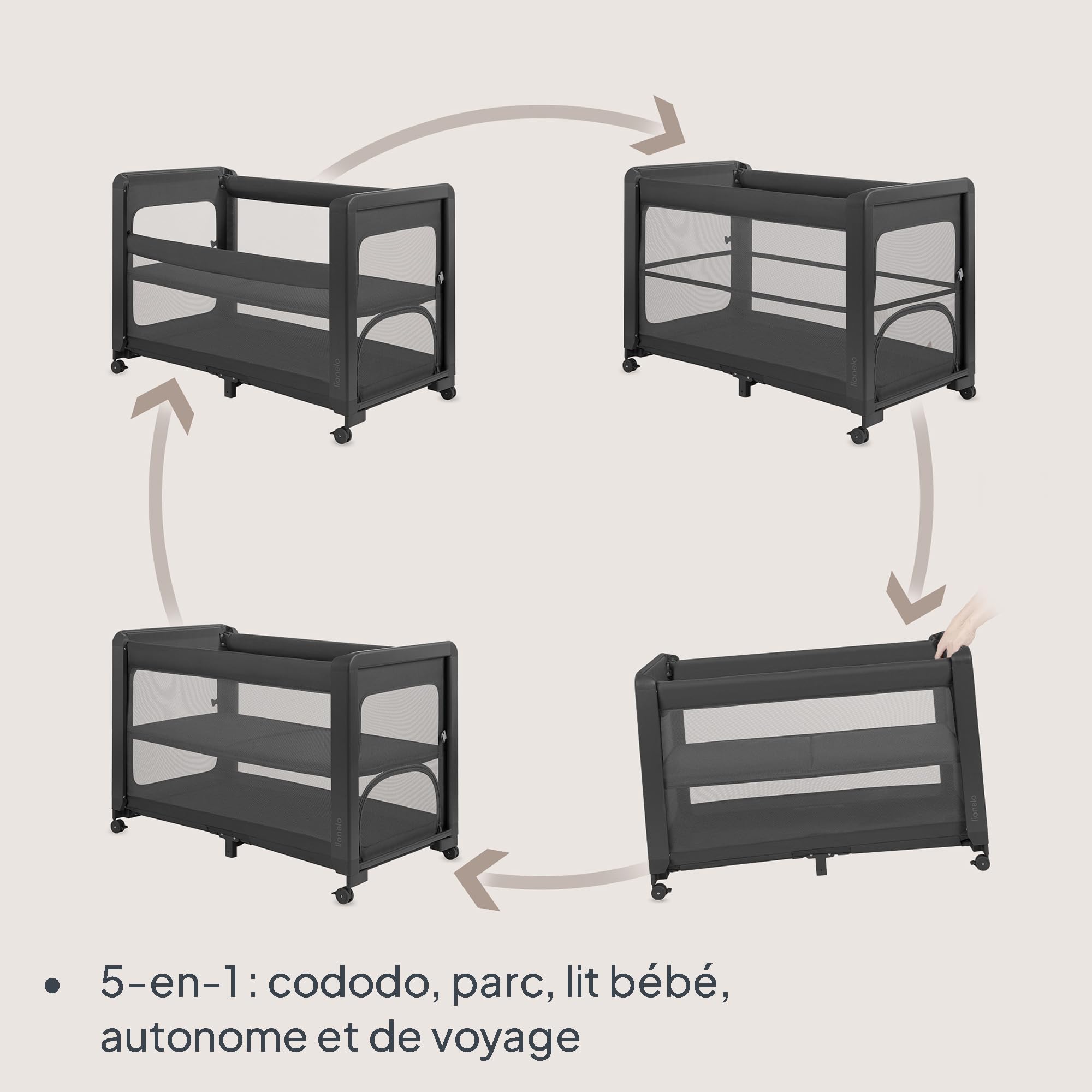 lionelo Patty Lit Parapluie avec Matelas 5 en 1, Lit Parapluie Bebe Cododo, Lit De Bebe, Parc Bébé Pliant avec Sac Et roulettes, De La Naissance À 15 Kg