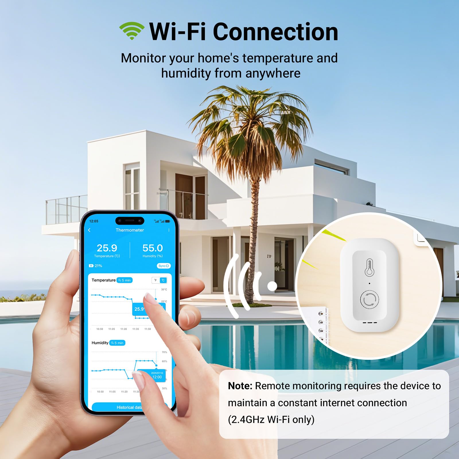 MMU WiFi Thermometer Hygrometer, Smart Luftfeuchtigkeit Temperatur Sensor mit App Benachrichtigung Alarm, Datenspeicherung, Fernmonitor für Zimmer, Kinderzimmer, Gewächshaus, Humidor, Weinkeller