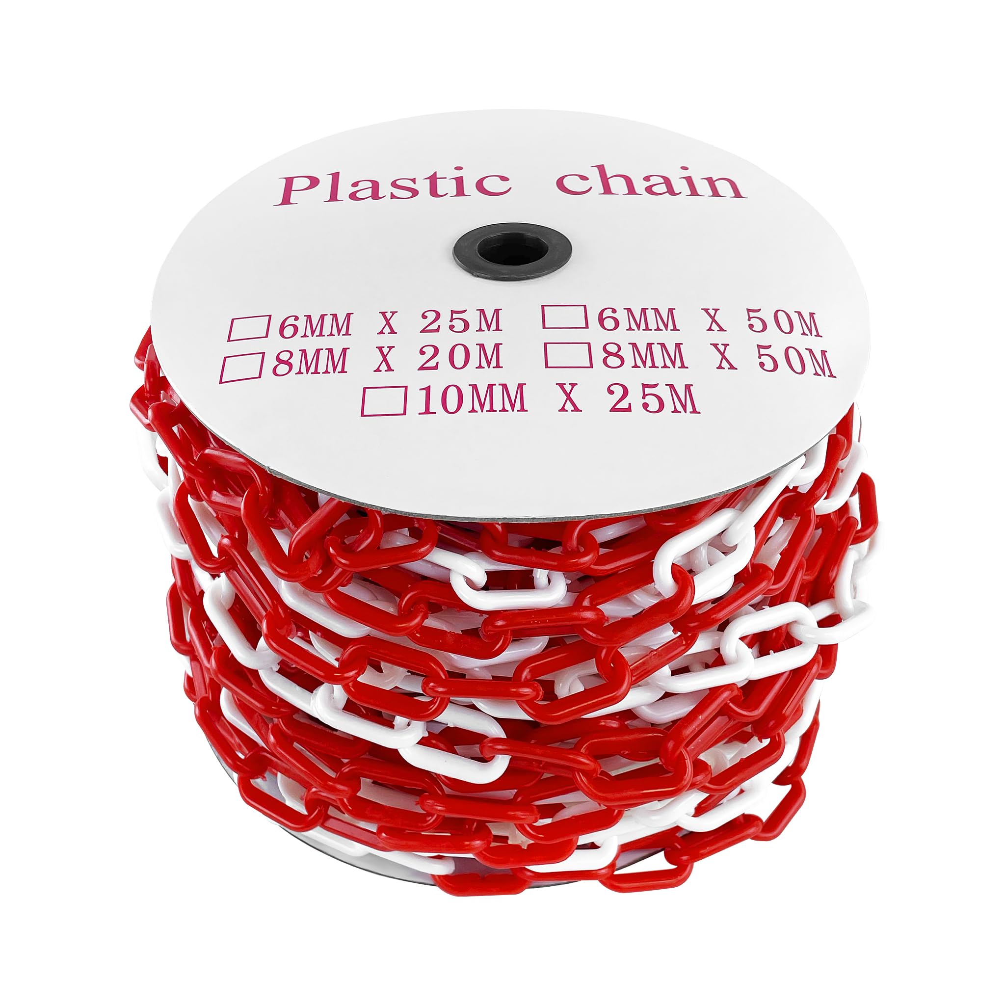 Cadena de plástico de 50 m, color rojo y blanco, 6 mm de grosor, de plástico, cadena de seguridad para construcción, postes de cierre para cierre