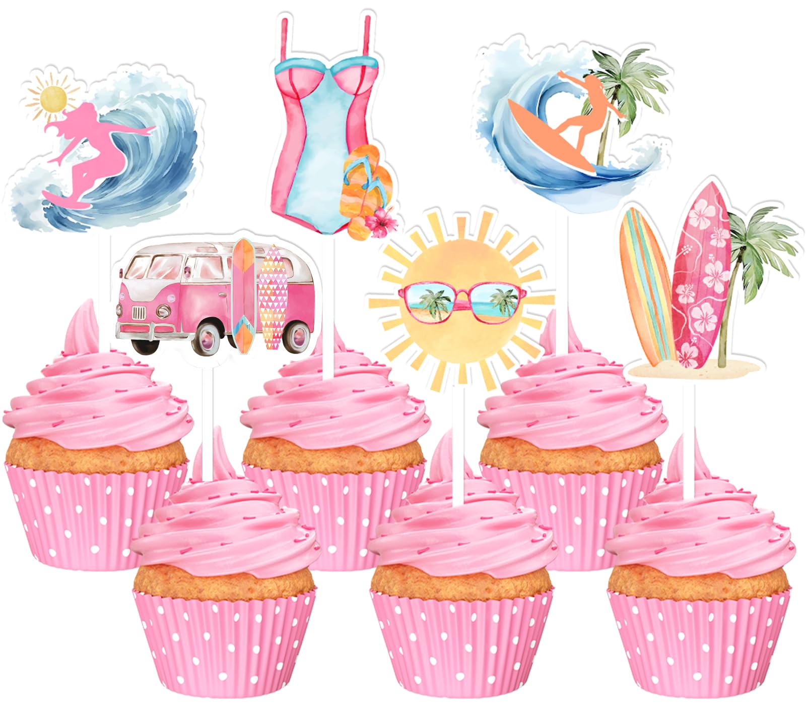 JOYMEMO 24 piezas de decoración para cupcakes de surf para niña, decoraciones de fiesta de cumpleaños de surf, decoración de pastel de surf impresa de doble cara, tabla de surf de playa, suministros
