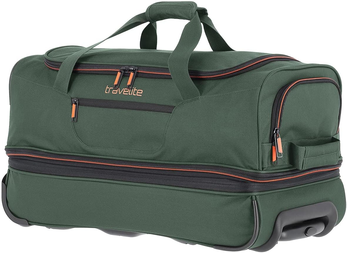 travelite 2-Rad Trolley Reisetasche Gr. L mit Dehnfalte, Gepäck Serie Basics: Weichgepäck Reisetasche mit Rollen mit Extra Volumen, 096276, Dark Green/Orange, 55cm, Travel bag with wheels