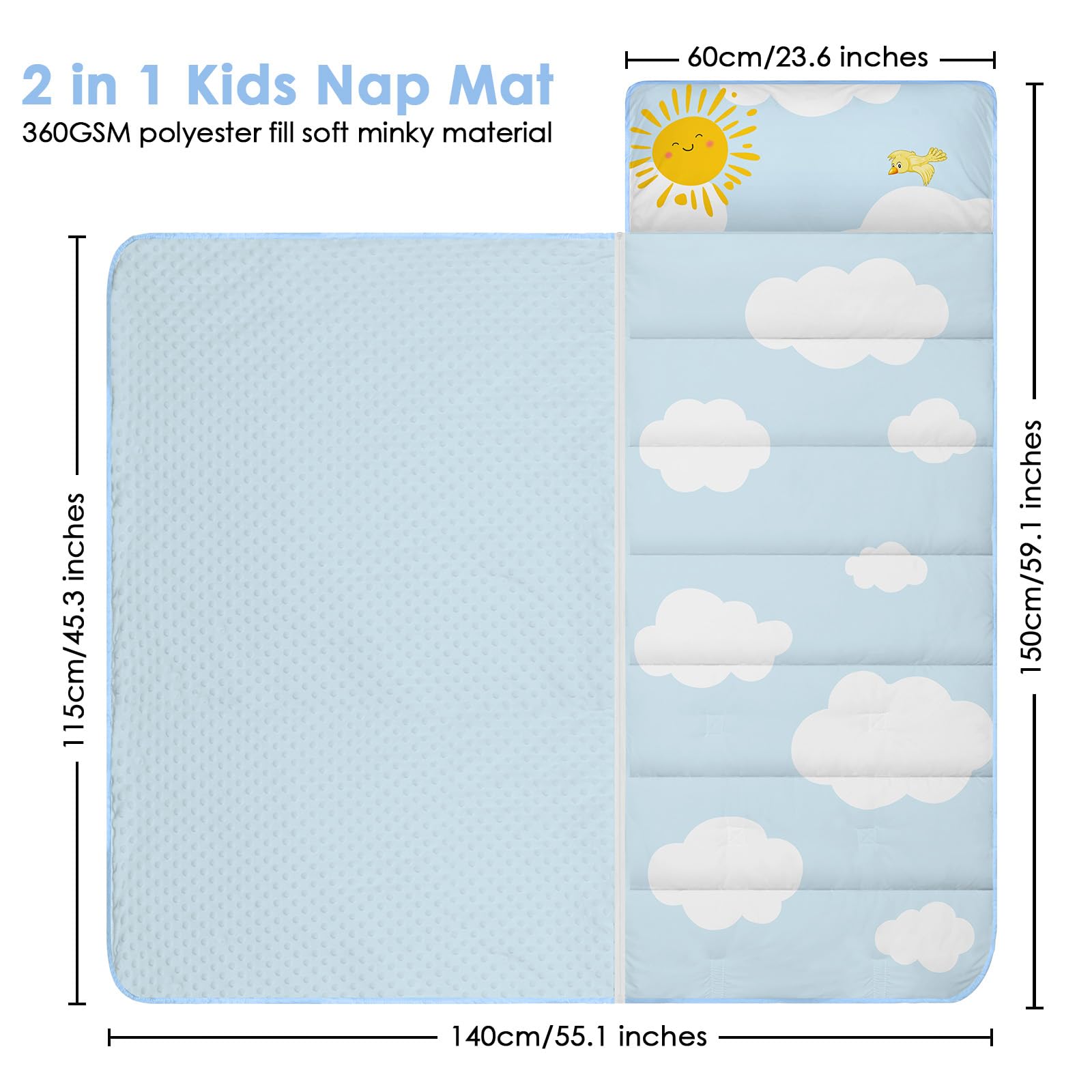 Saco de Dormir para Niños con Almohada y Manta Extra Gruesa Grande 2 en 1, Alfombrilla de Siesta para Niñas y Niños, Bolsa de Dormir Bebés para Preescolar Viajes Camping, Arco Iris Animal