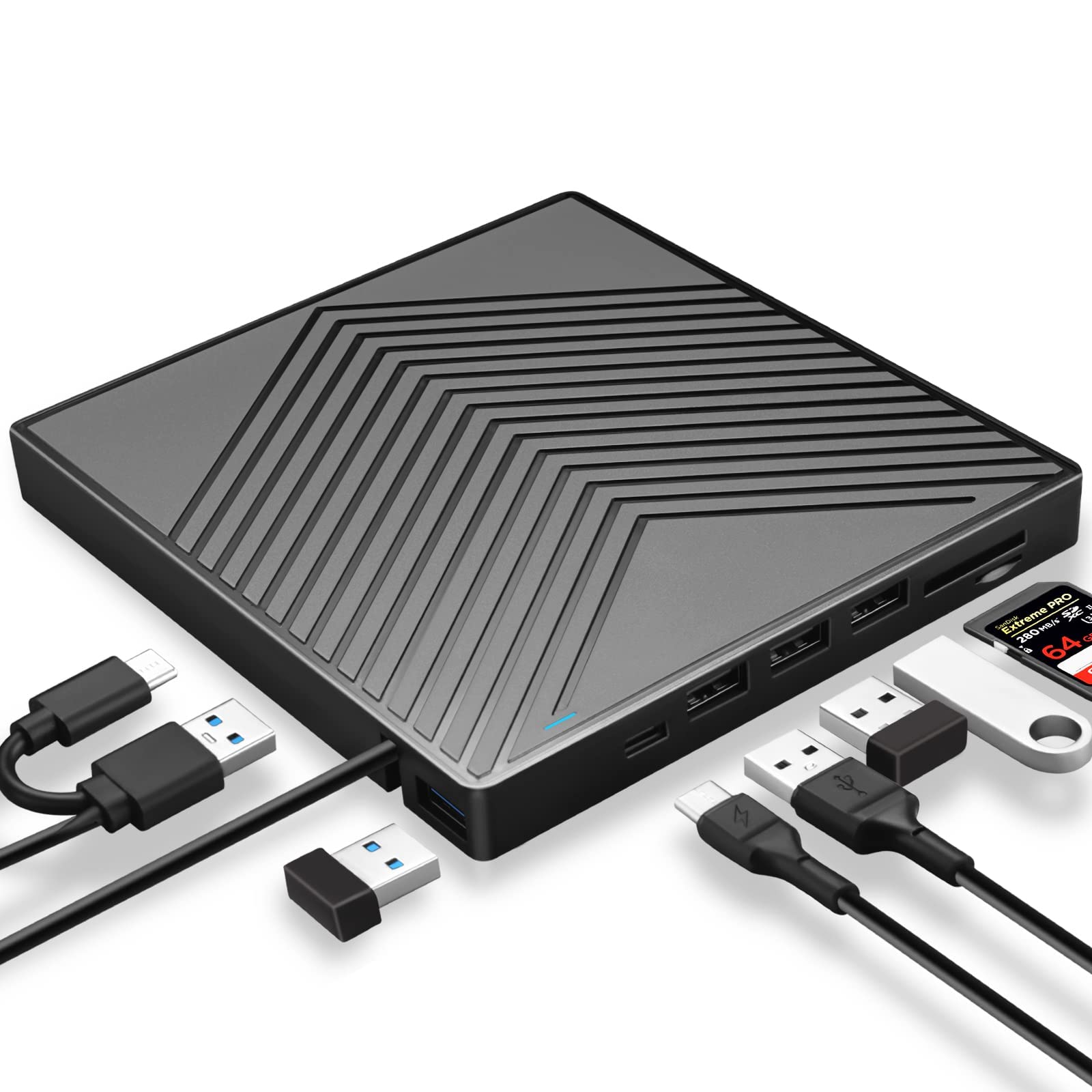 MAKINGTEC External CD DVD Drive, Ultra Slim CD Burner USB 3.0 with 4 USB Ports and 2 TF/SD Card Slots, Optical Disk Drive for Laptop Mac, PC Windows 11/10/8/7 Linux OS