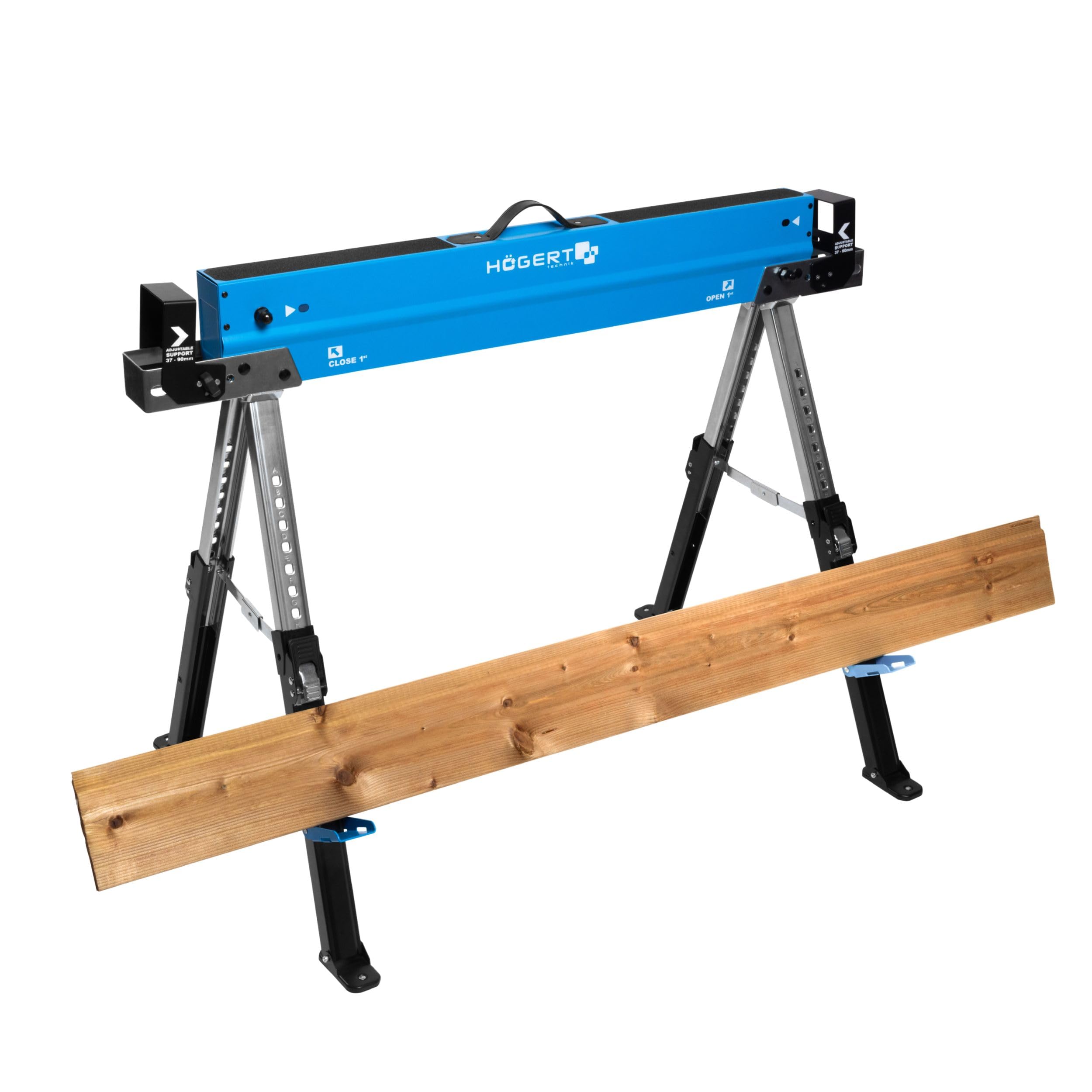 HÖGERT TECHNIK Tréteau pliant réglable en hauteur de 61,5 à 82 cm avec capacité de charge de 590 kg, supports de poutre de 40 à 90 mm, surface de travail antidérapante, supports pliables et poignée de