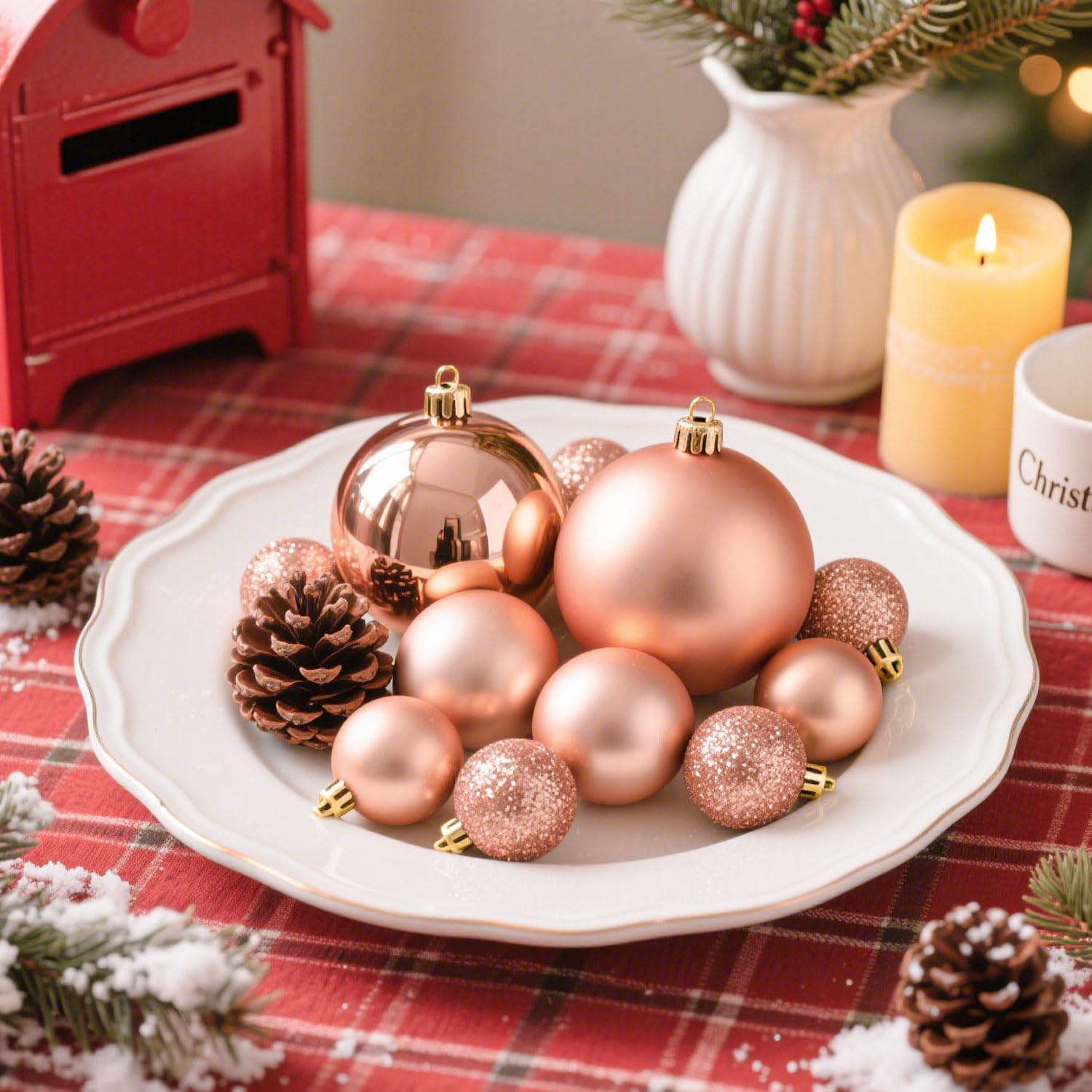 Weihnachtskugeln 101stück Kunstoff Christbaumkugeln Set, Christbaumkugeln Roségold Matt, Glänzend, Glitzernd mit Tannenzapfen Weihnachtsbänder für Weihnachtsbaum Deko Party, Haus Dekoration