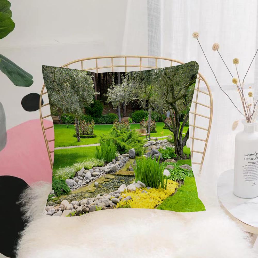 HYOSXW Cushion Cover,Throw Pillow Case Home Decorative for Living Room Bedroom Sofa Chair 16X16 Inch,Garden Japanese Park Style Recreational View with Pond Grass Stones and Trees,Pillowcase 40X40cm