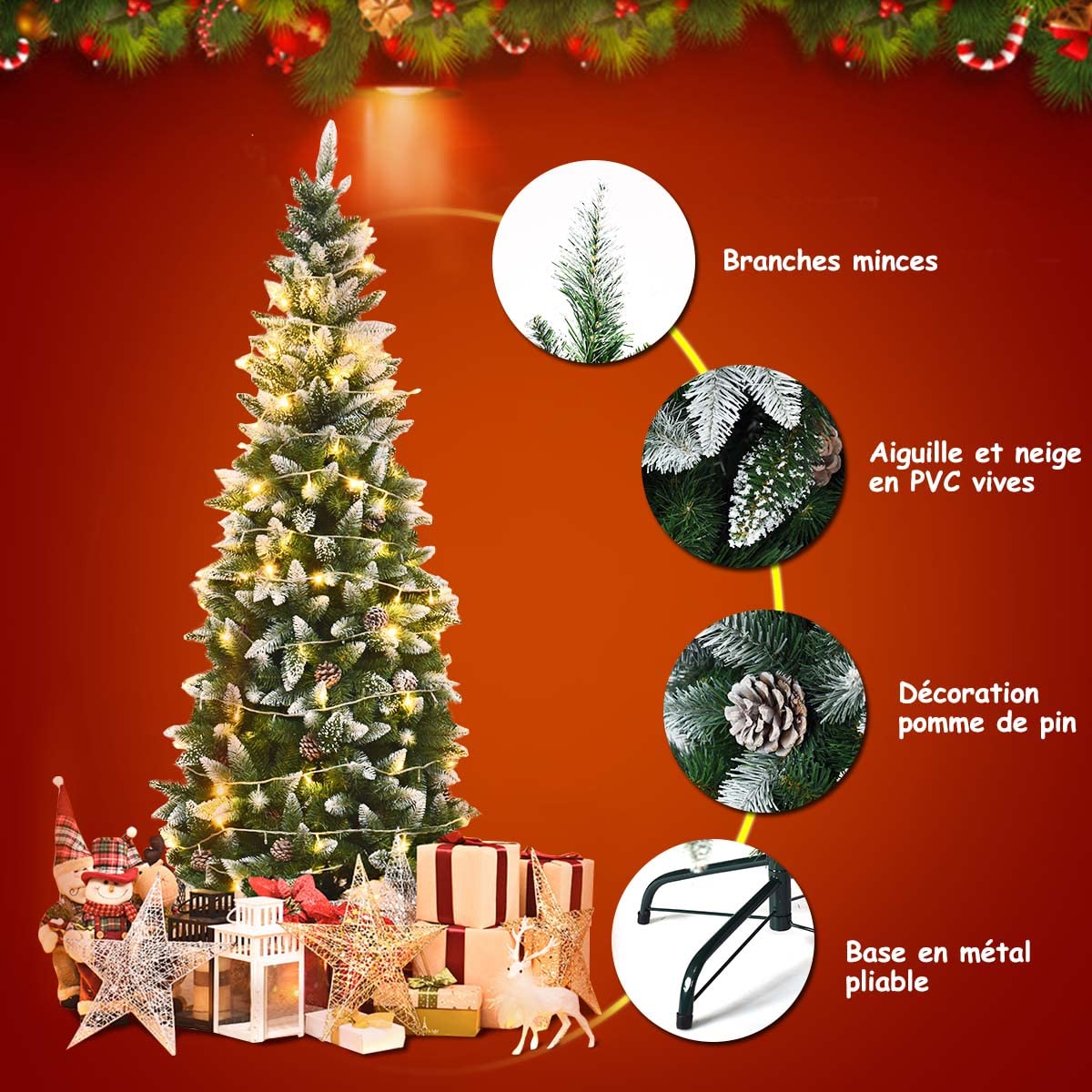 GYMAX Sapin de Noël 180cm Artificiel Mince avec 29 Pommes de Pin Décoratives, 630 Branches Recouvertes de Neige, Support Métal, pour Maison, Magasin, Café