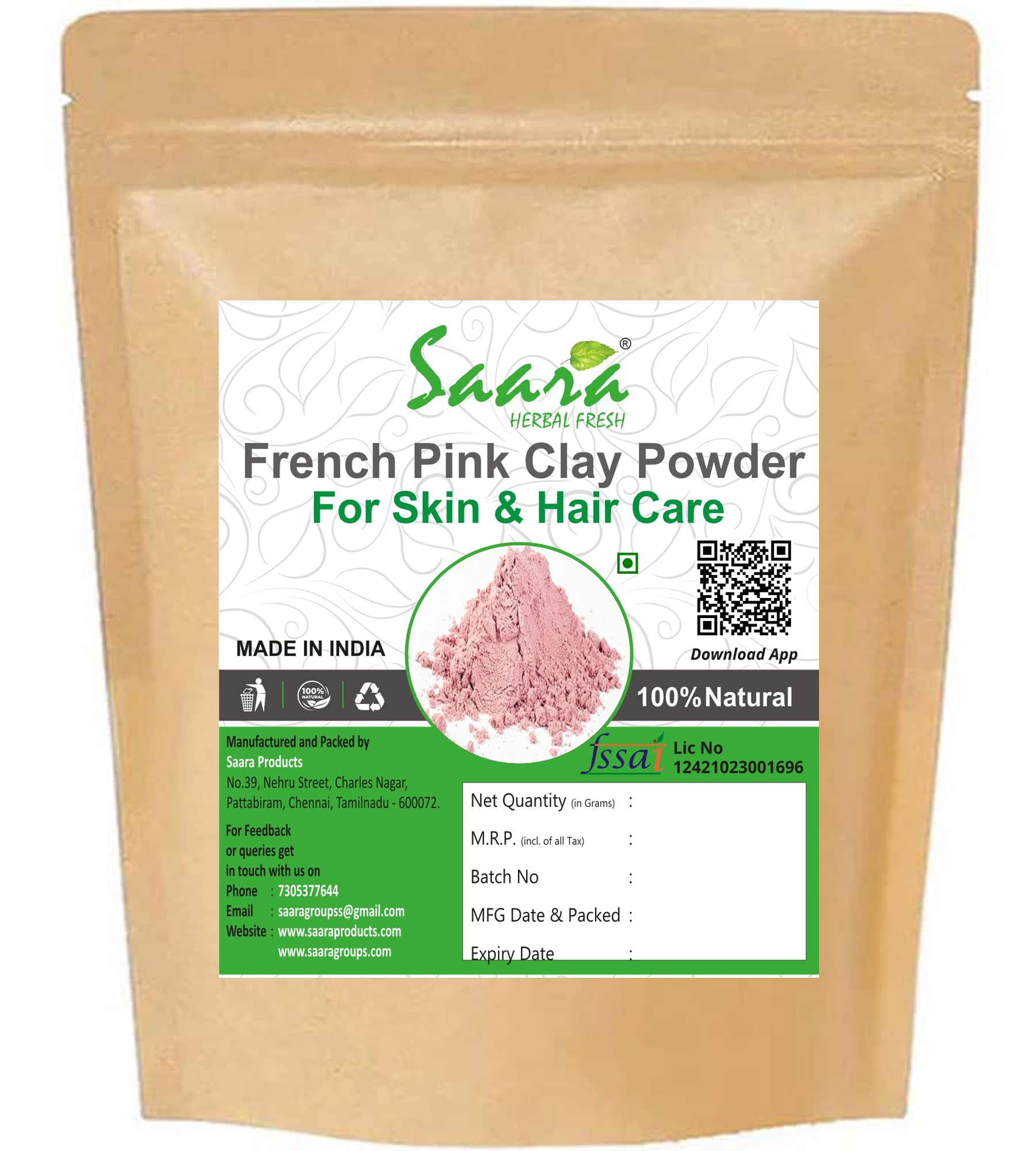Saara HERBAL FRESH French Pink Clay Powder,250g, Montmorillonite Pink | French Rose Clay | Pure & Natural Mask Powder For All Skin Types & Unisex use(Pack of 2 X 100gm, Pack of 1 X 50gm)