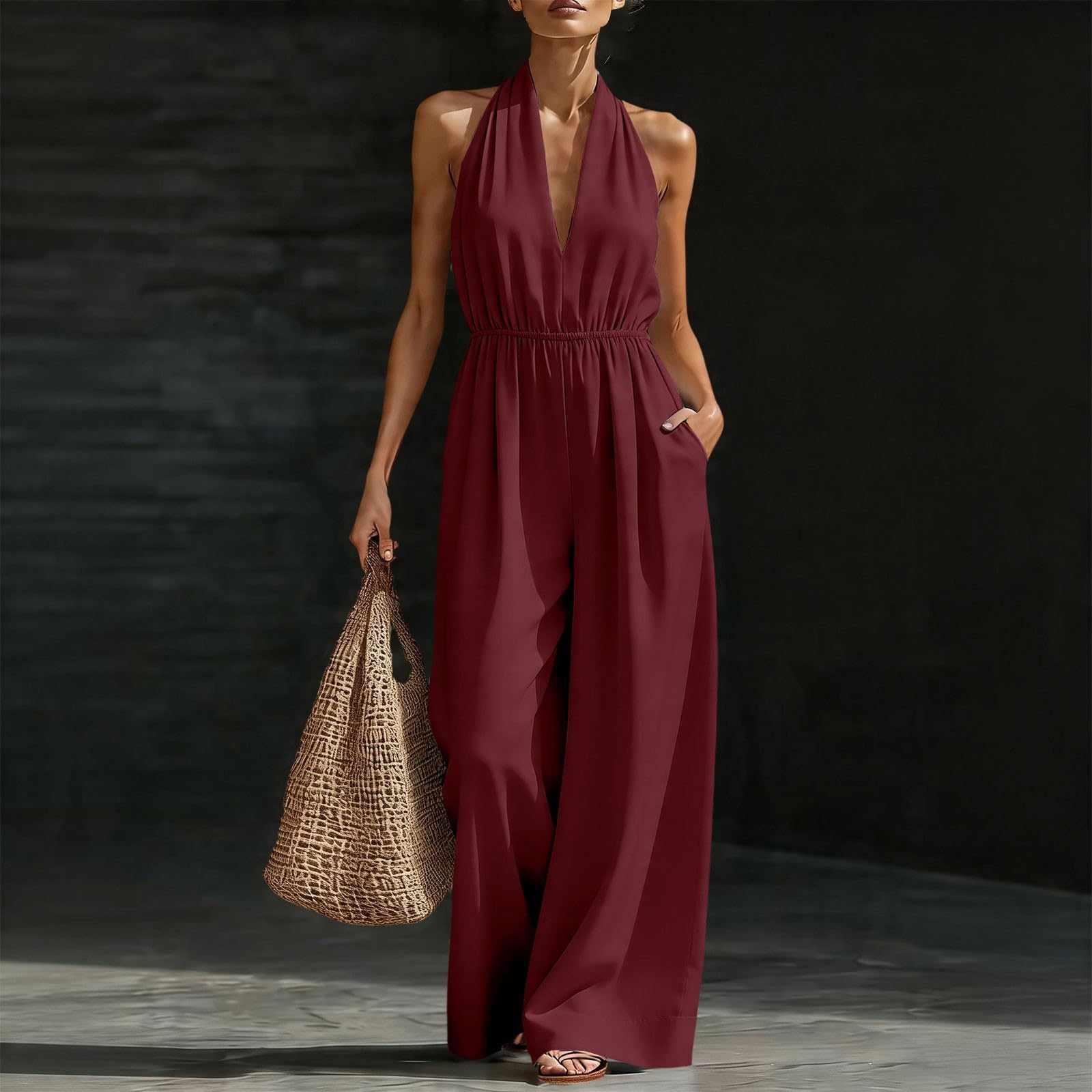Generisch Tuta da donna elegante per matrimonio, con allacciatura al collo | Tuta con scollo a V, tinta unita, senza maniche, a gamba larga, con tasche, tuta aderente per feste