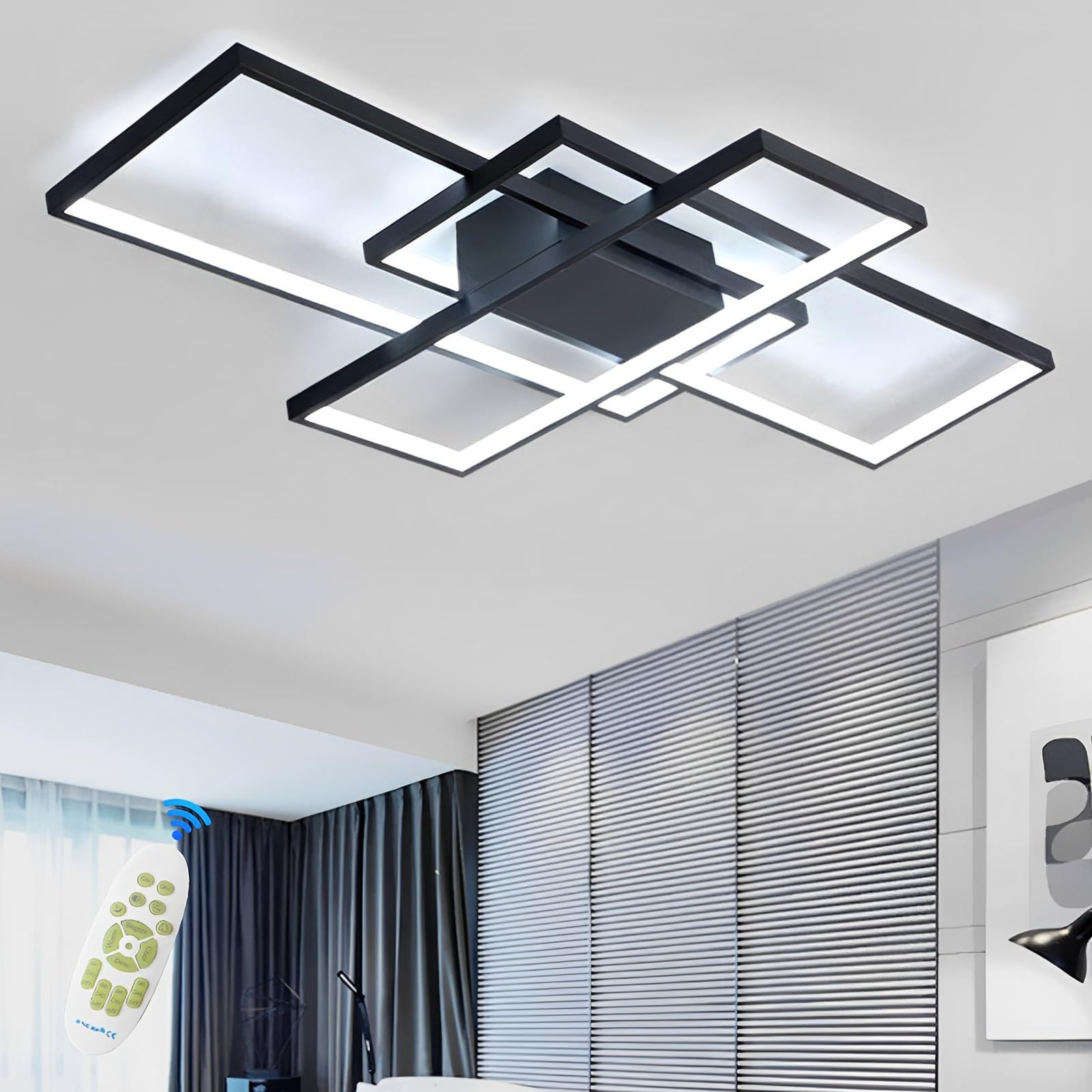 Modern Design LED Deckenleuchte Dimmbar 65W Rechteckige Deckenleuchte, 3000K-6000K Wohnzimmer Deckenlampe Schwarz Mit Fernbedienung, Für Schlafzimmer Wohnzimmer Küche Schmücken(80cm)