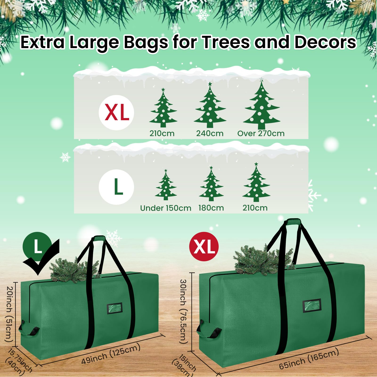 Porta Albero di Natale, Sacca per Albero di Natale in Tessuto Oxford 600D Impermeabile e Antipolvere, Durevole Borsa per Albero di Natale con Cerniera e Manici, Adatta Fino a 210 cm Alberi, Verde