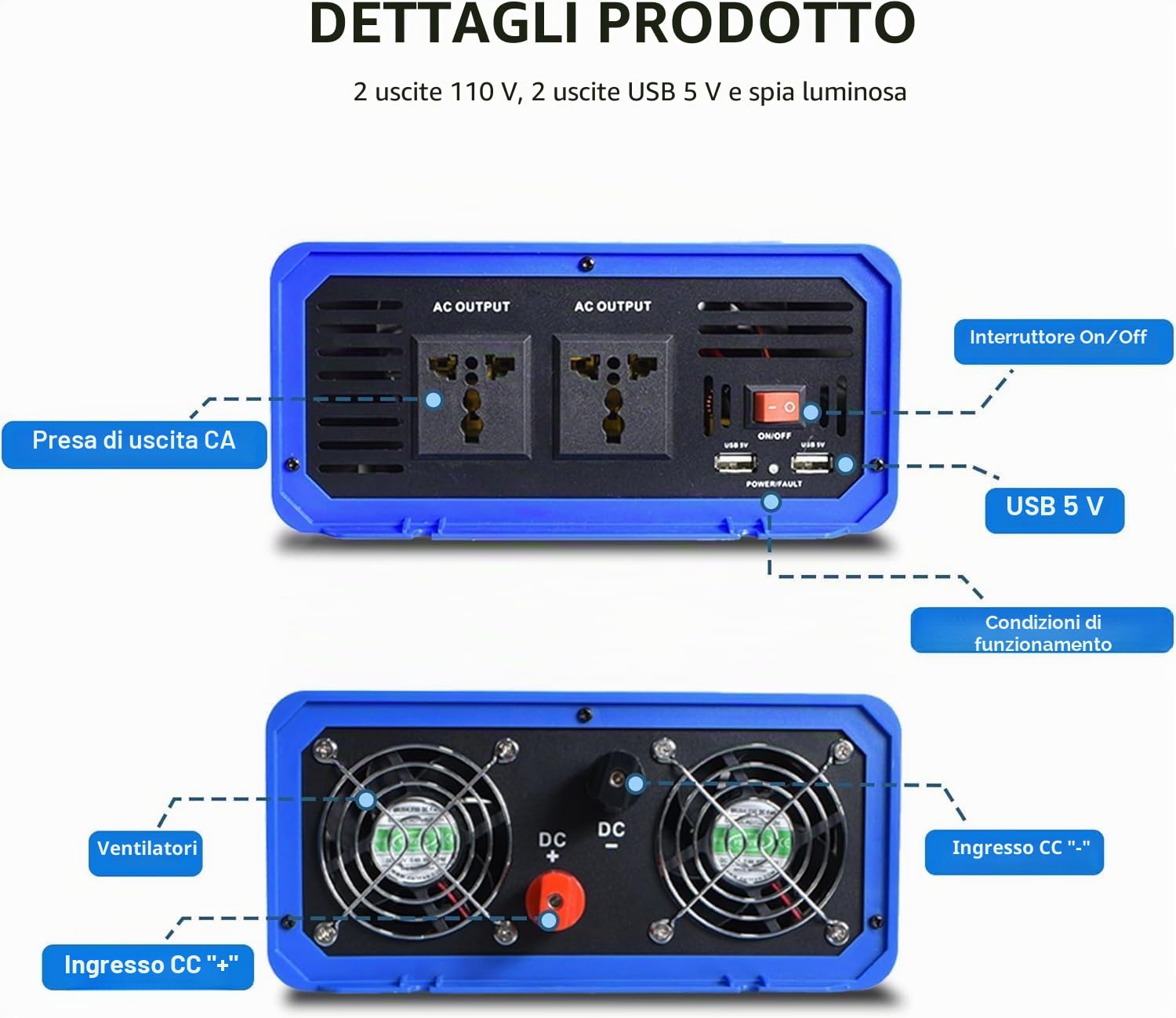 Anern 1000W Onda Pura Inverter 12 V 220V 230V, Convertitore di Potenza, Trasformatore sinusoidale Pura per auto, roulotte, barche, campeggio