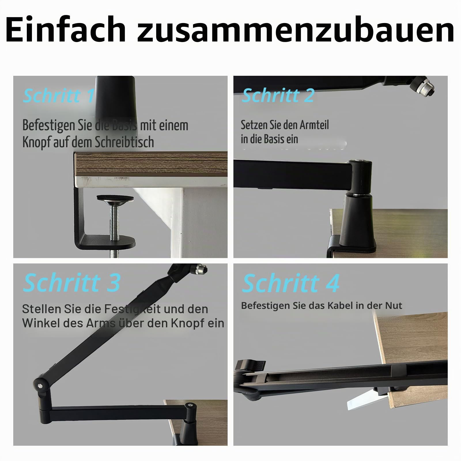 Mikrofon-Boomarm, flaches Mikrofonarm-Stativ mit Tischklemme, Schraubenadapter, versteckten Kabelführungskanälen, verstellbares Mikrofonstativ für Boomstick-Mikrofone, für Podcast-, Gaming