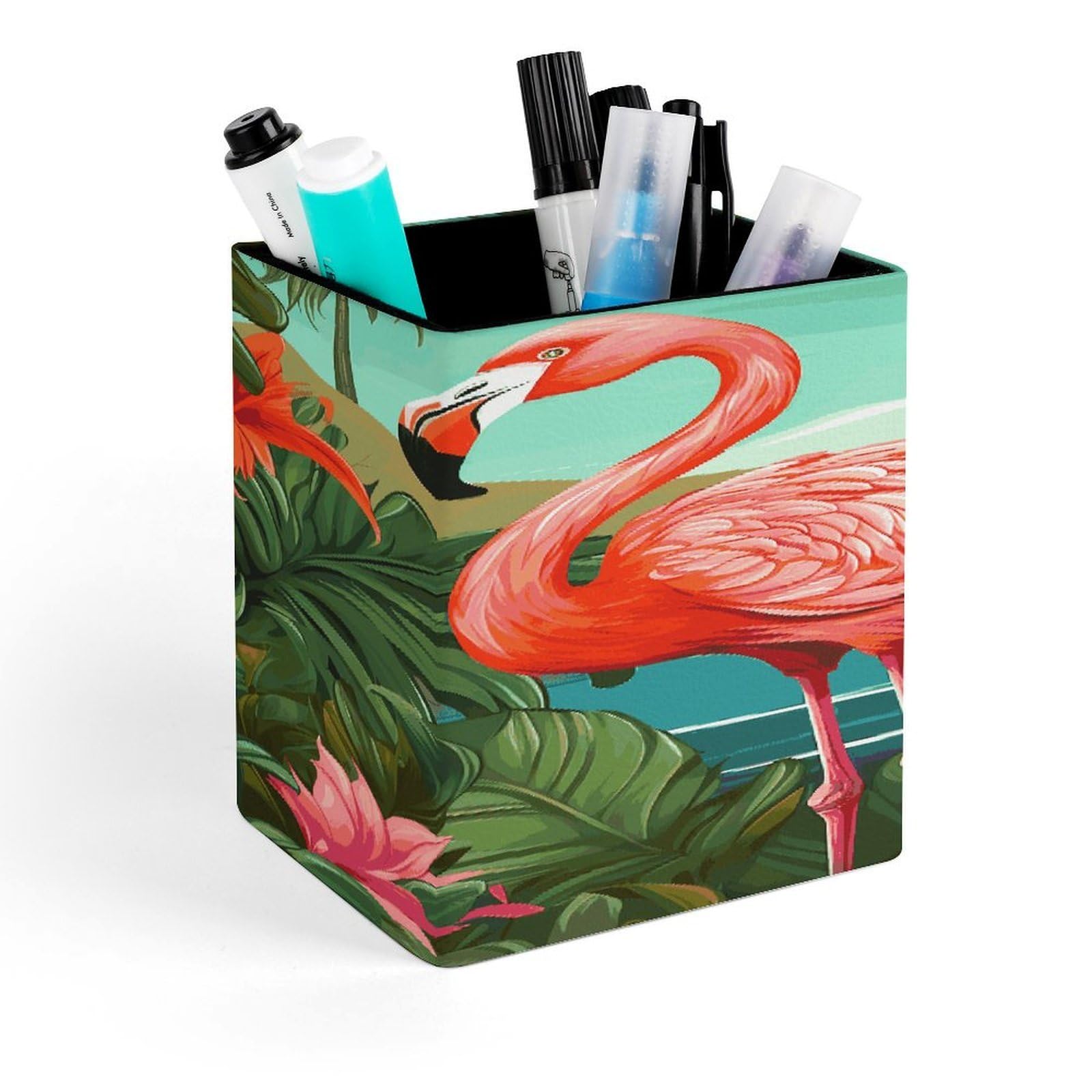 FekiLoot Tropical Flamingo Pen Holder Personalized Desktop Pencil Holders Case Office Accessories Container Box for Square Pen Cup Desktop Organizer Makeup Brush Holder Caddy Storage