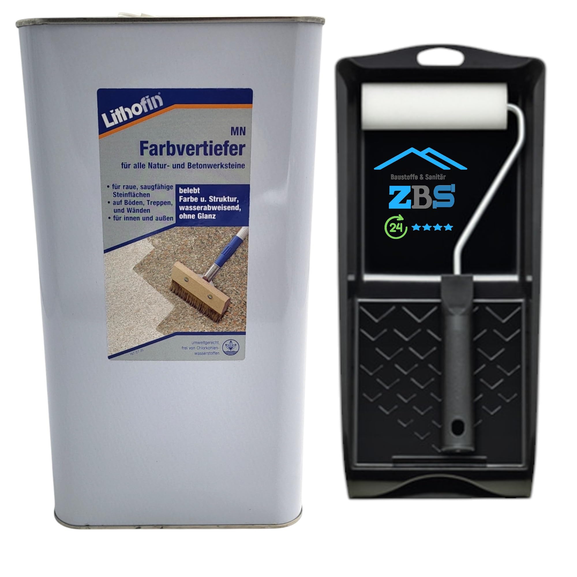 zbs24 Lithofin MN Farbvertiefer Set für den Außenbereich, lösemittelhaltige Imprägnierung für Pflastersteine, Terrassenplatten und Wände, verstärkt natürliche Farben, mit Farbrollerset (5 Liters)