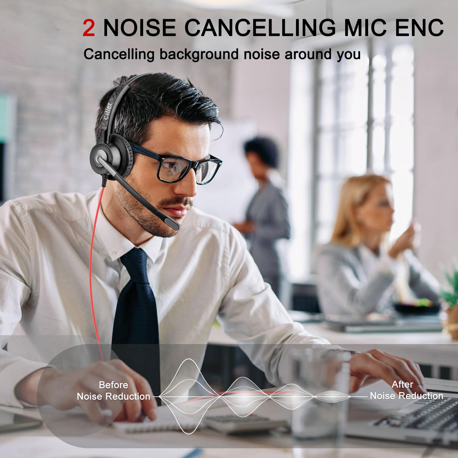 Auriculares USB con Doble Micrófono ENC Cancelación de Ruido para Ordenador | Estéreo Cascos PC con Botón Teams para Teams Zoom Skype, Videoconferencia Teletrabajo, Oficina Call Center