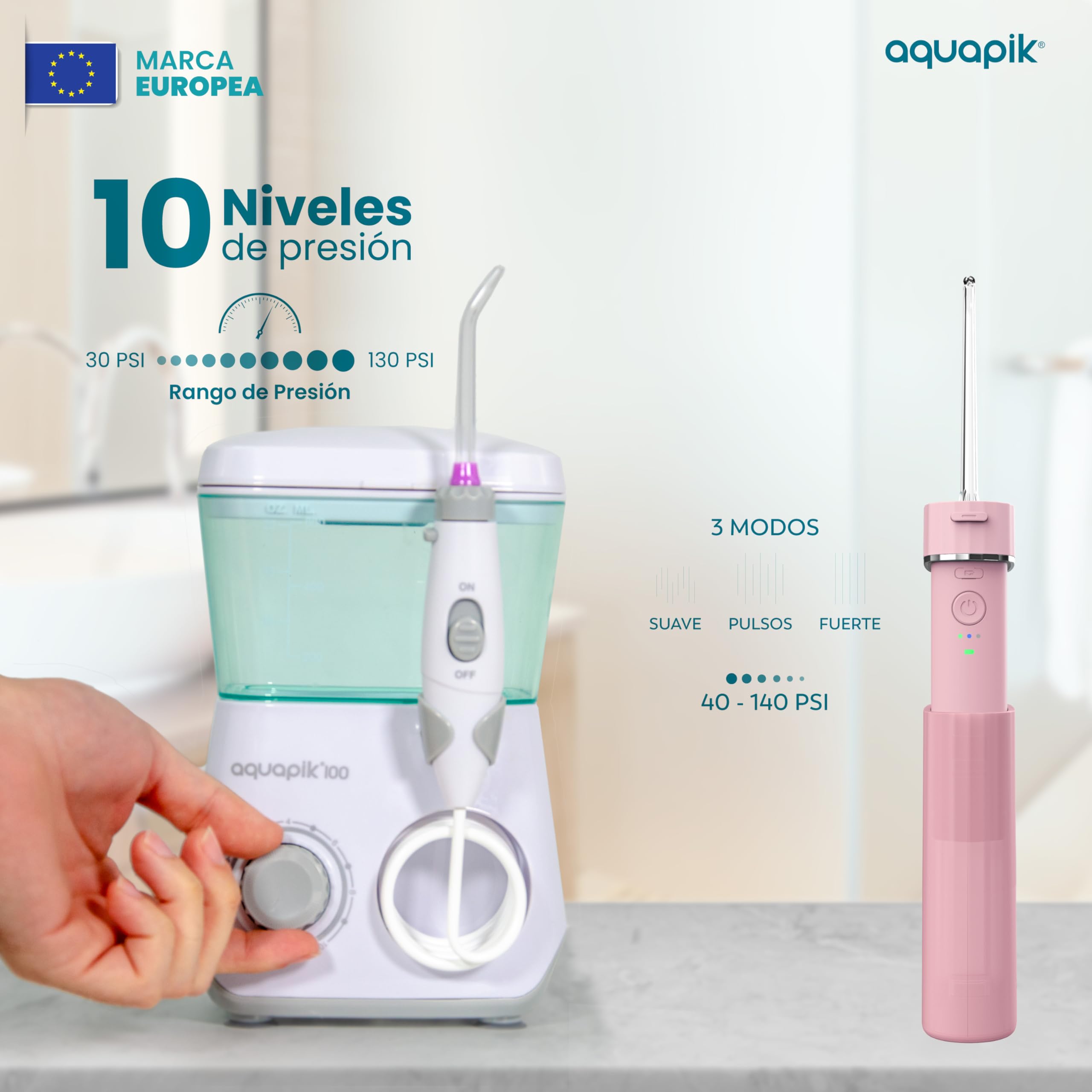 Pack de Irrigadores Dentales Aquapik: sobremesa + Mini Portátil | Recomendado por dentistas + Elimina la Placa + Cuida tus Implantes y Ortodoncia |Higiene Bucal Profunda (B. Blanco-Rosa)