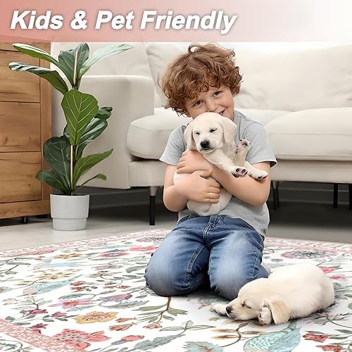 Miniatura 4 de Alfombras redondas florales rosas de 4 pies, alfombra circular bohemia lavable para dormitorio de niñas, alfombra circular botánica suave